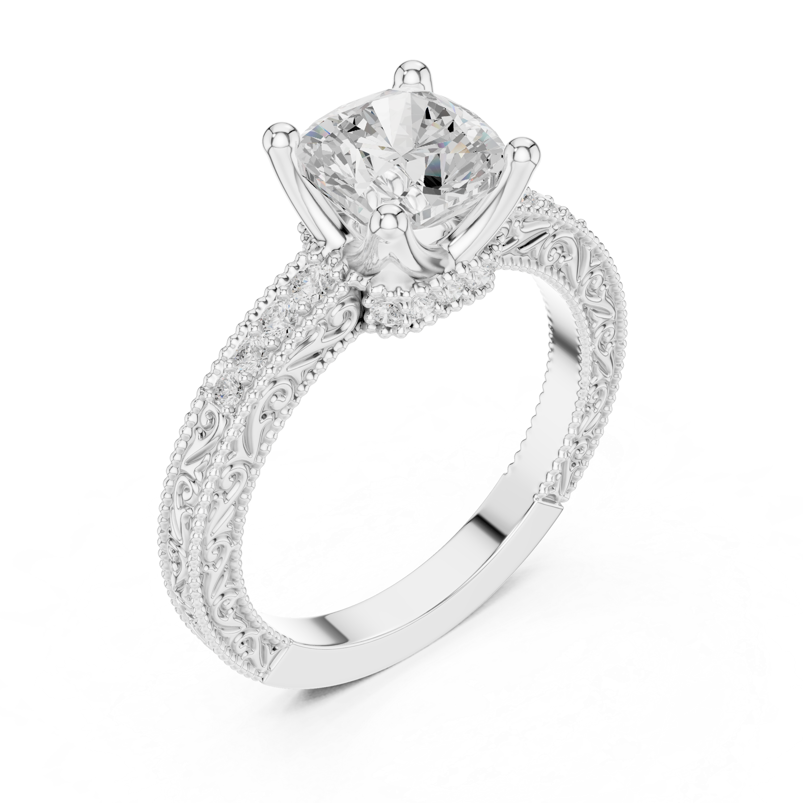 Vintage Cushion Cut Diamond Engagement Ring with Milgrain Band