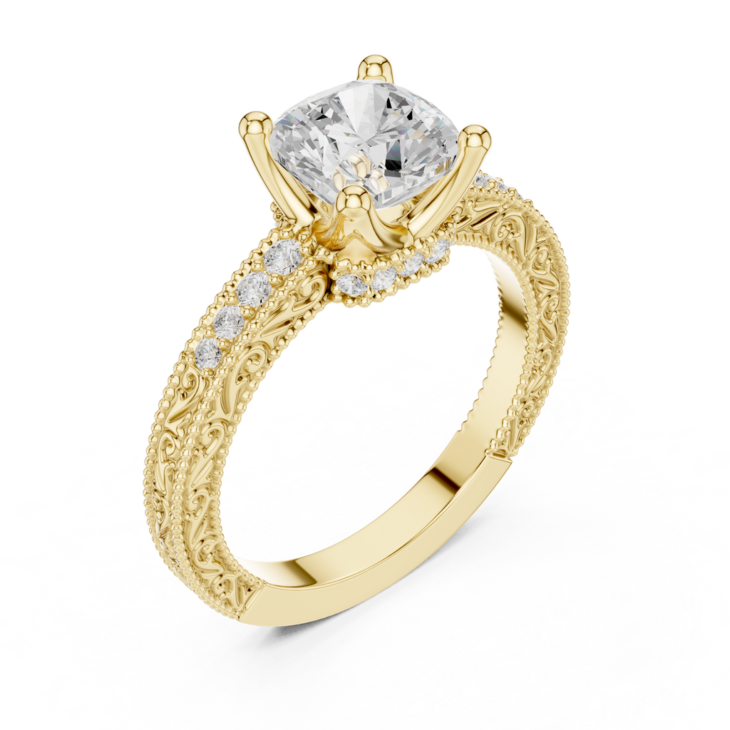Vintage Cushion Cut Diamond Engagement Ring with Milgrain Band