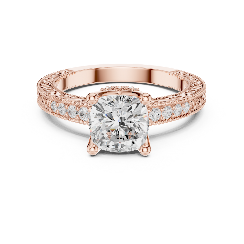 Vintage Cushion Cut Diamond Engagement Ring with Milgrain Band