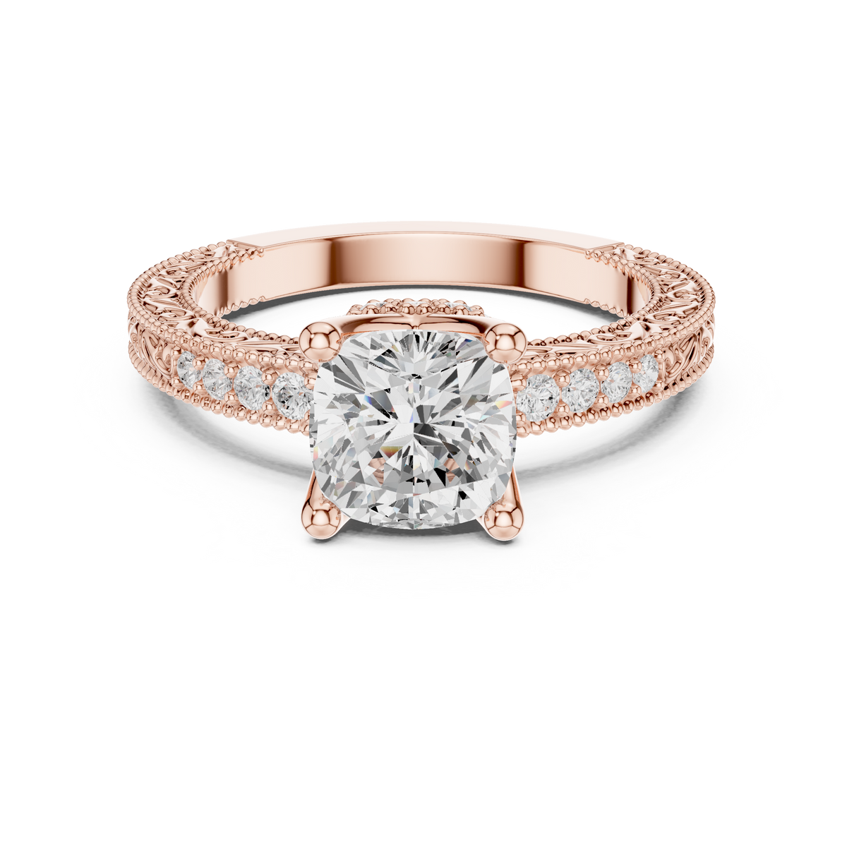 Vintage Cushion Cut Diamond Engagement Ring with Milgrain Band – view 5 of 12, lab grown diamond band | Jewelix Atelier