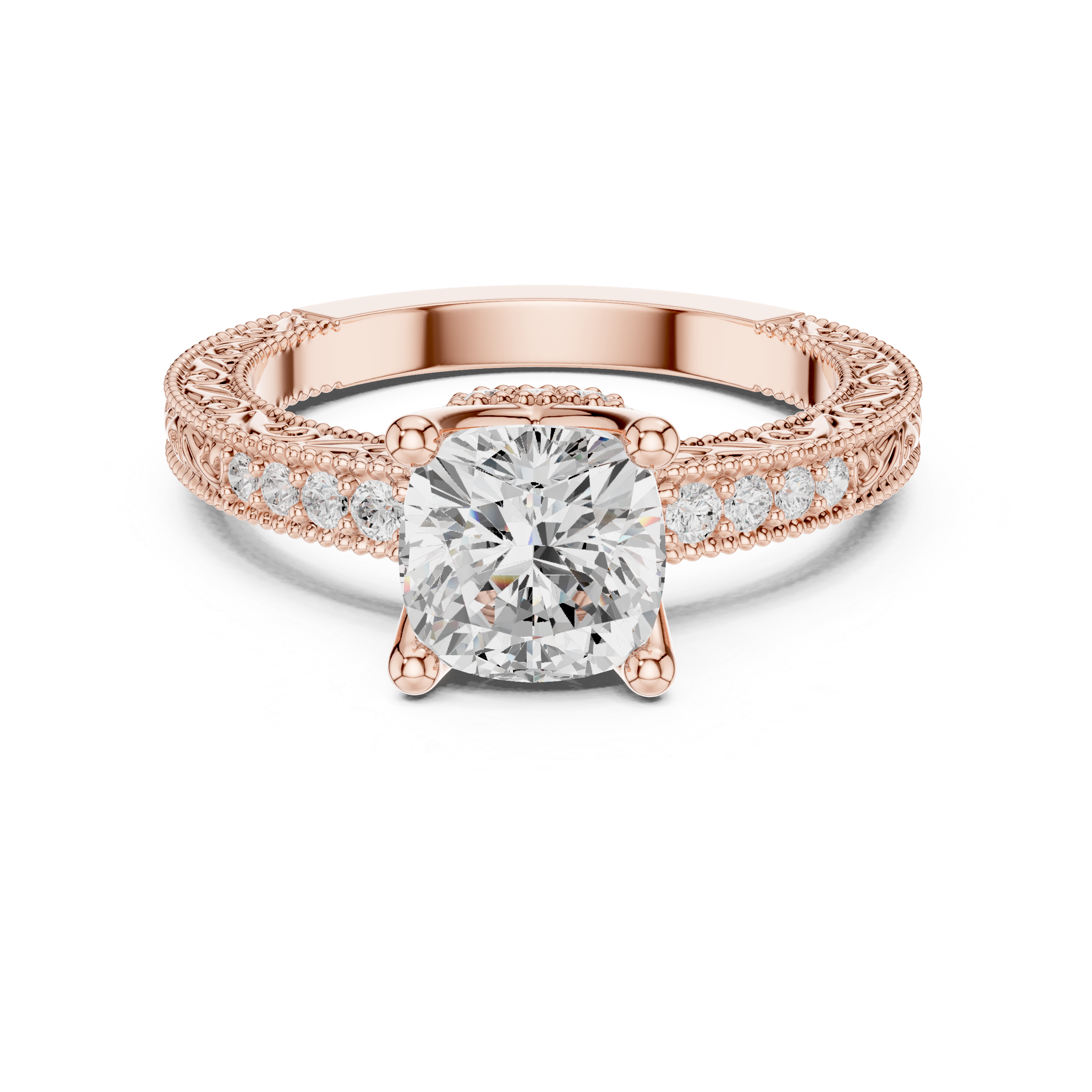 Vintage Cushion Cut Diamond Engagement Ring with Milgrain Band