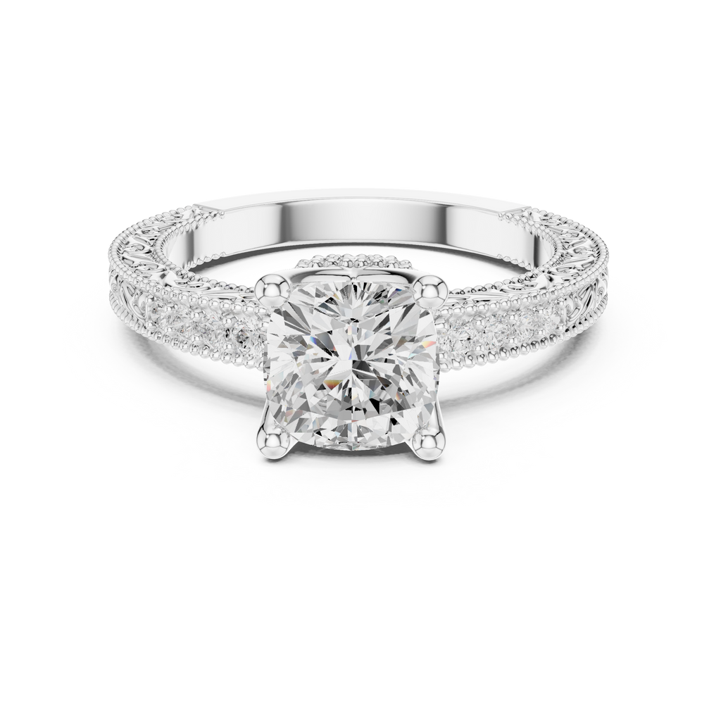 Vintage Cushion Cut Diamond Engagement Ring with Milgrain Band