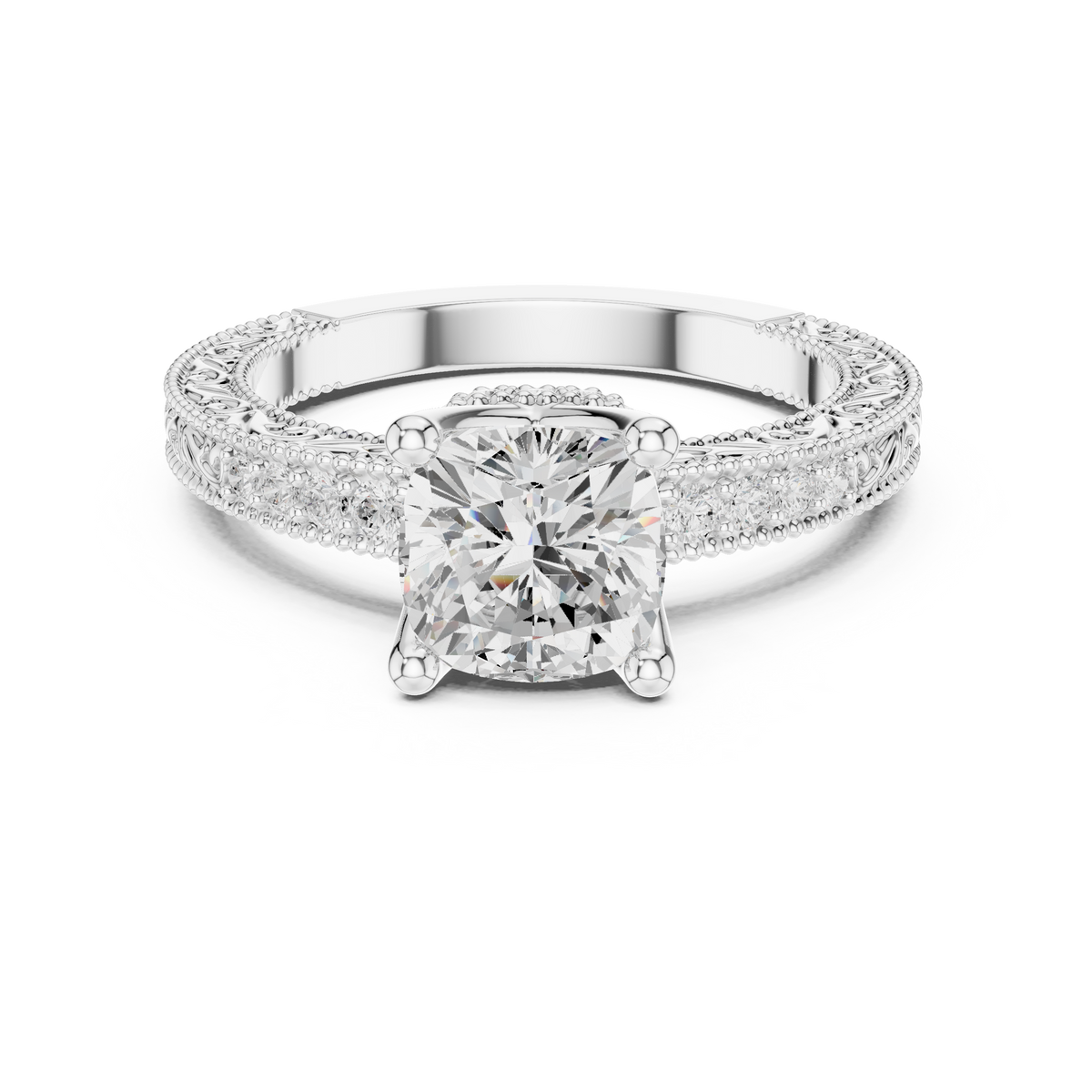 Vintage Cushion Cut Diamond Engagement Ring with Milgrain Band — Jewelix Atelier