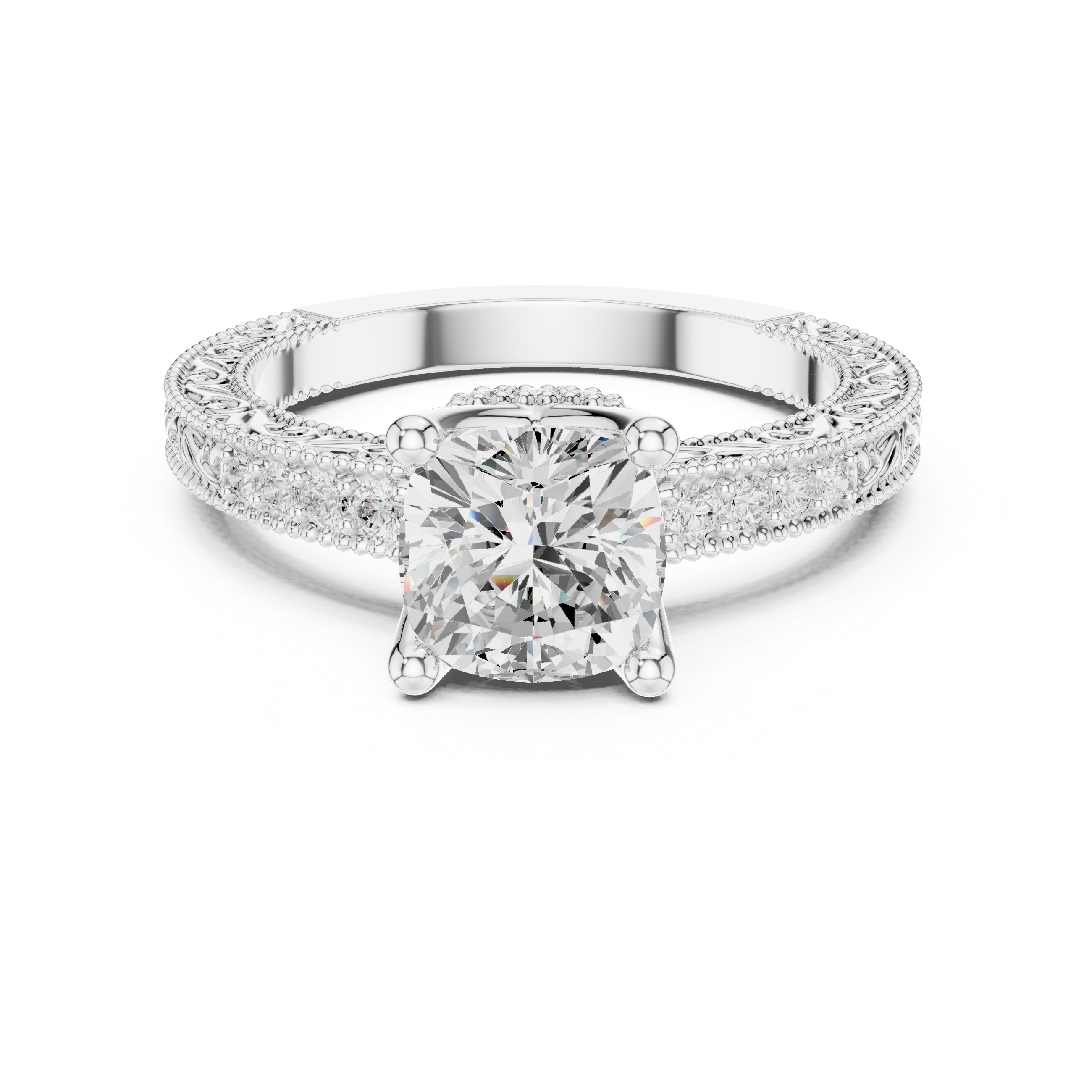 Vintage Cushion Cut Diamond Engagement Ring with Milgrain Band