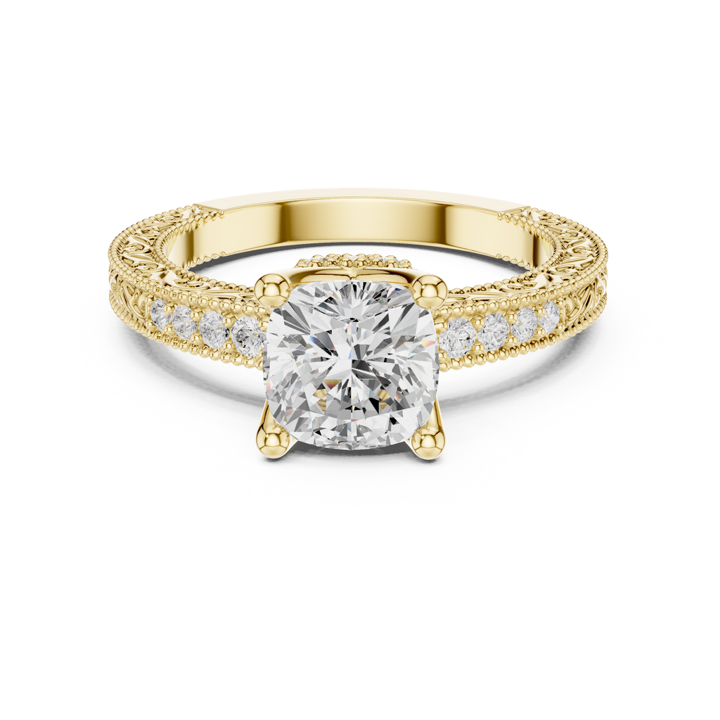 Vintage Cushion Cut Diamond Engagement Ring with Milgrain Band