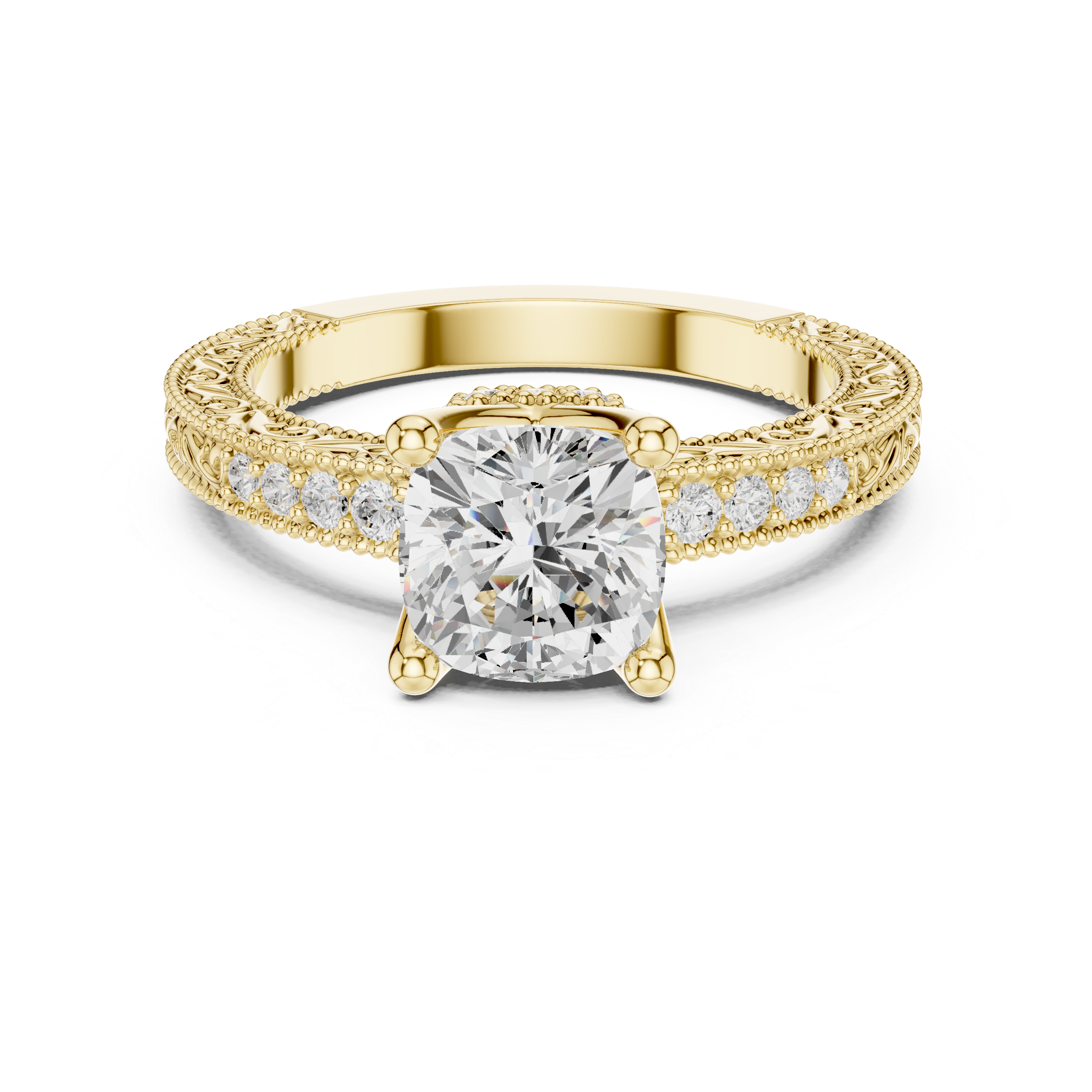 Vintage Cushion Cut Diamond Engagement Ring with Milgrain Band
