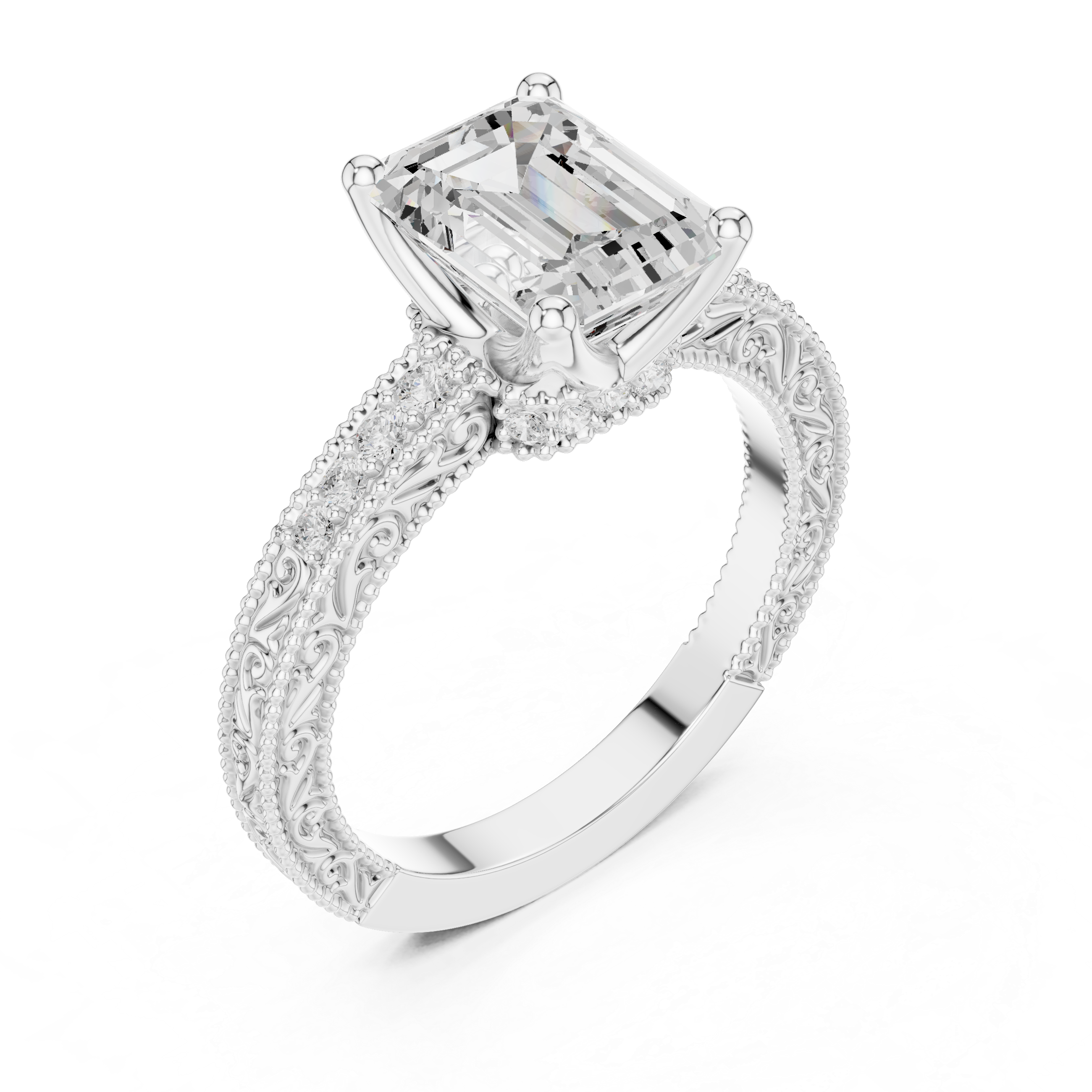 Vintage Emerald Cut Diamond Engagement Ring with Milgrain Band