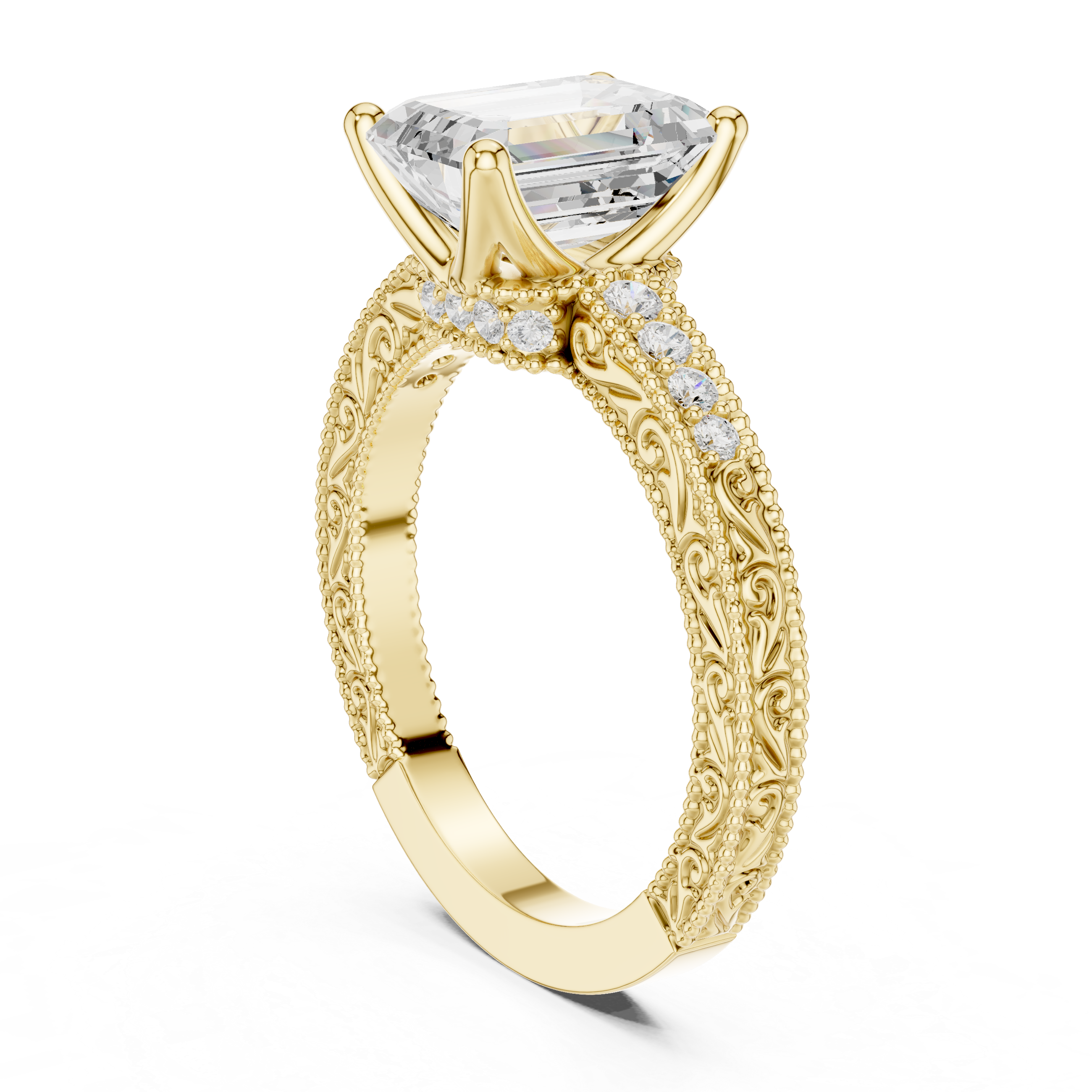 Vintage Emerald Cut Diamond Engagement Ring with Milgrain Band