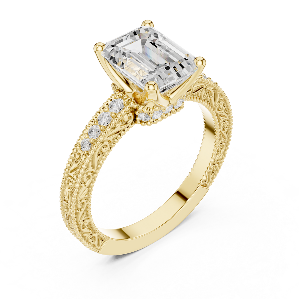 Vintage Emerald Cut Diamond Engagement Ring with Milgrain Band
