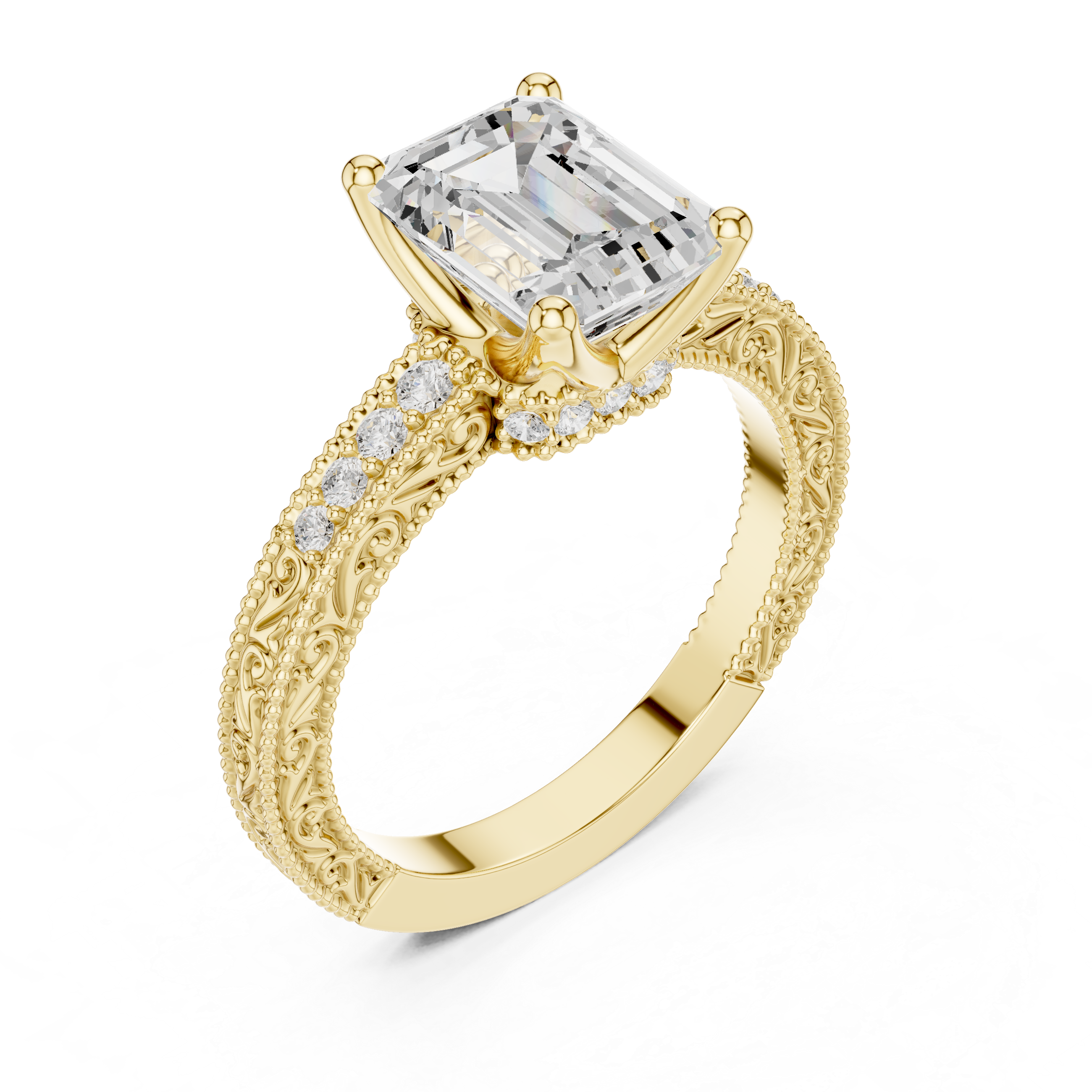Vintage Emerald Cut Diamond Engagement Ring with Milgrain Band