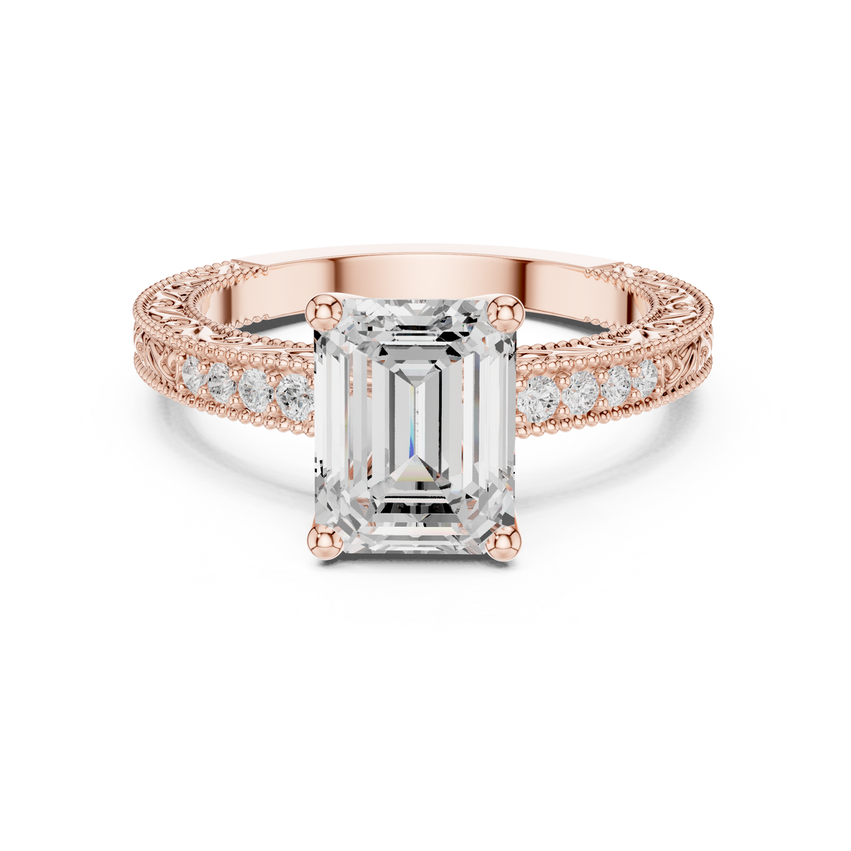 Vintage Emerald Cut Diamond Engagement Ring with Milgrain Band – view 5 of 12, lab grown diamond band | Jewelix Atelier