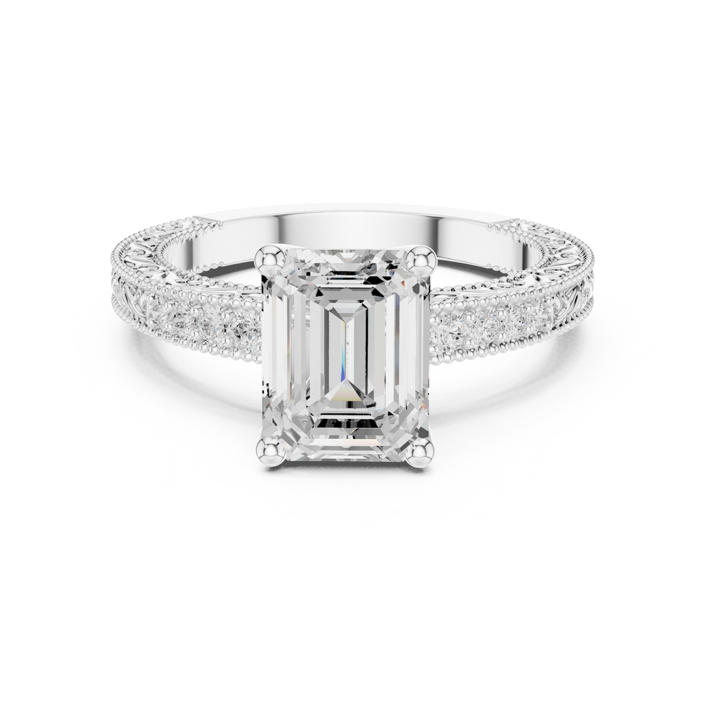 Vintage Emerald Cut Diamond Engagement Ring with Milgrain Band