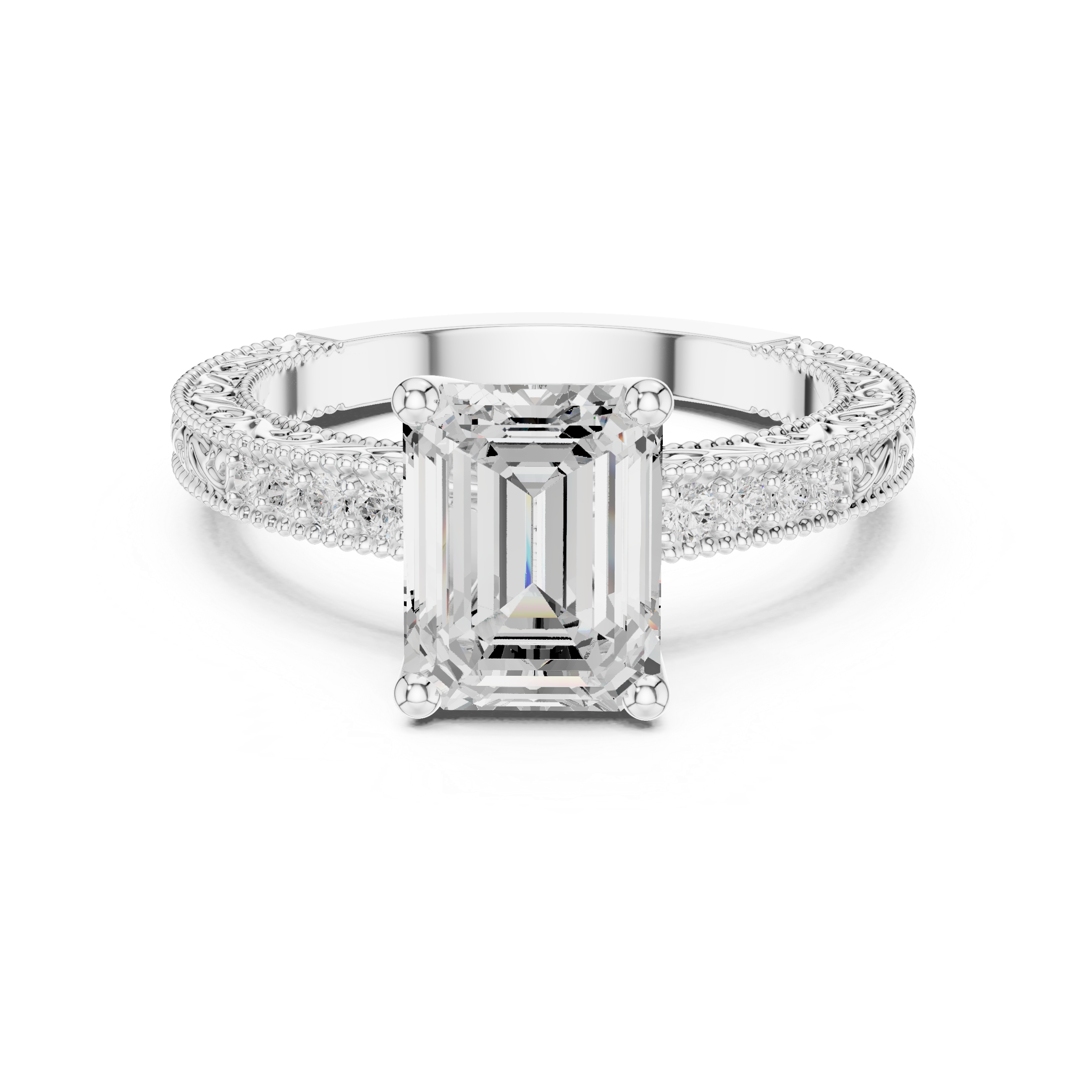 Vintage Emerald Cut Diamond Engagement Ring with Milgrain Band