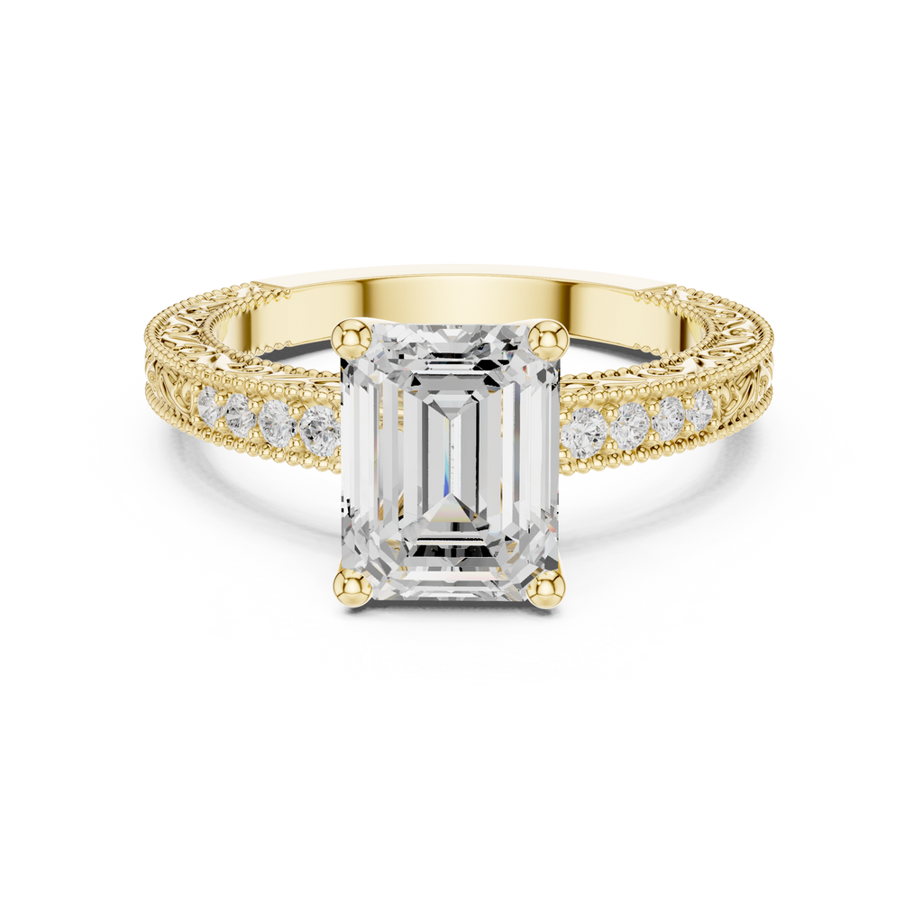 Vintage Emerald Cut Diamond Engagement Ring with Milgrain Band