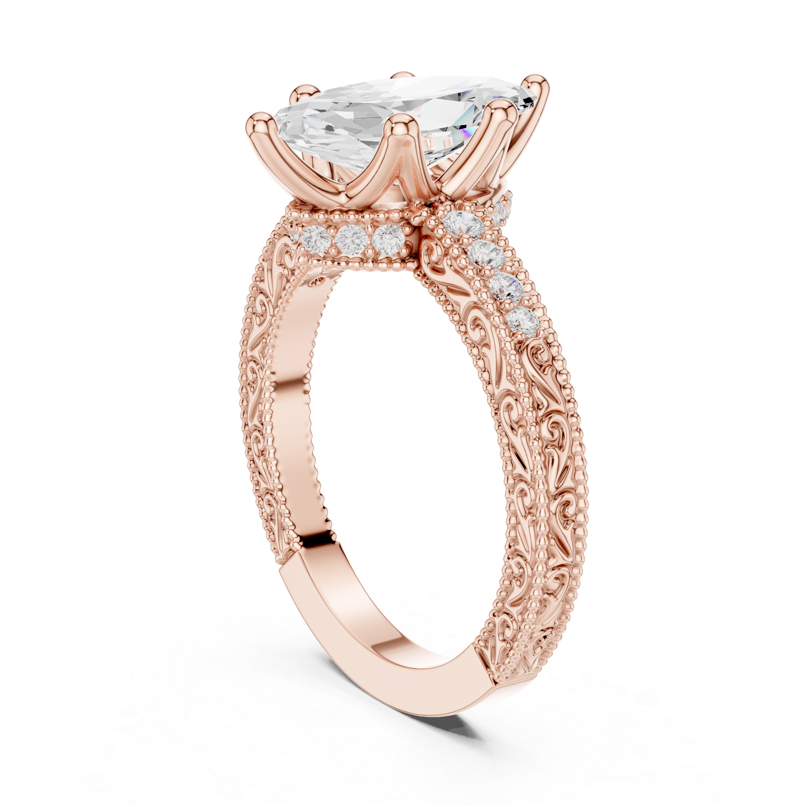Vintage Marquise Cut Diamond Engagement Ring with Milgrain & Filigree Details