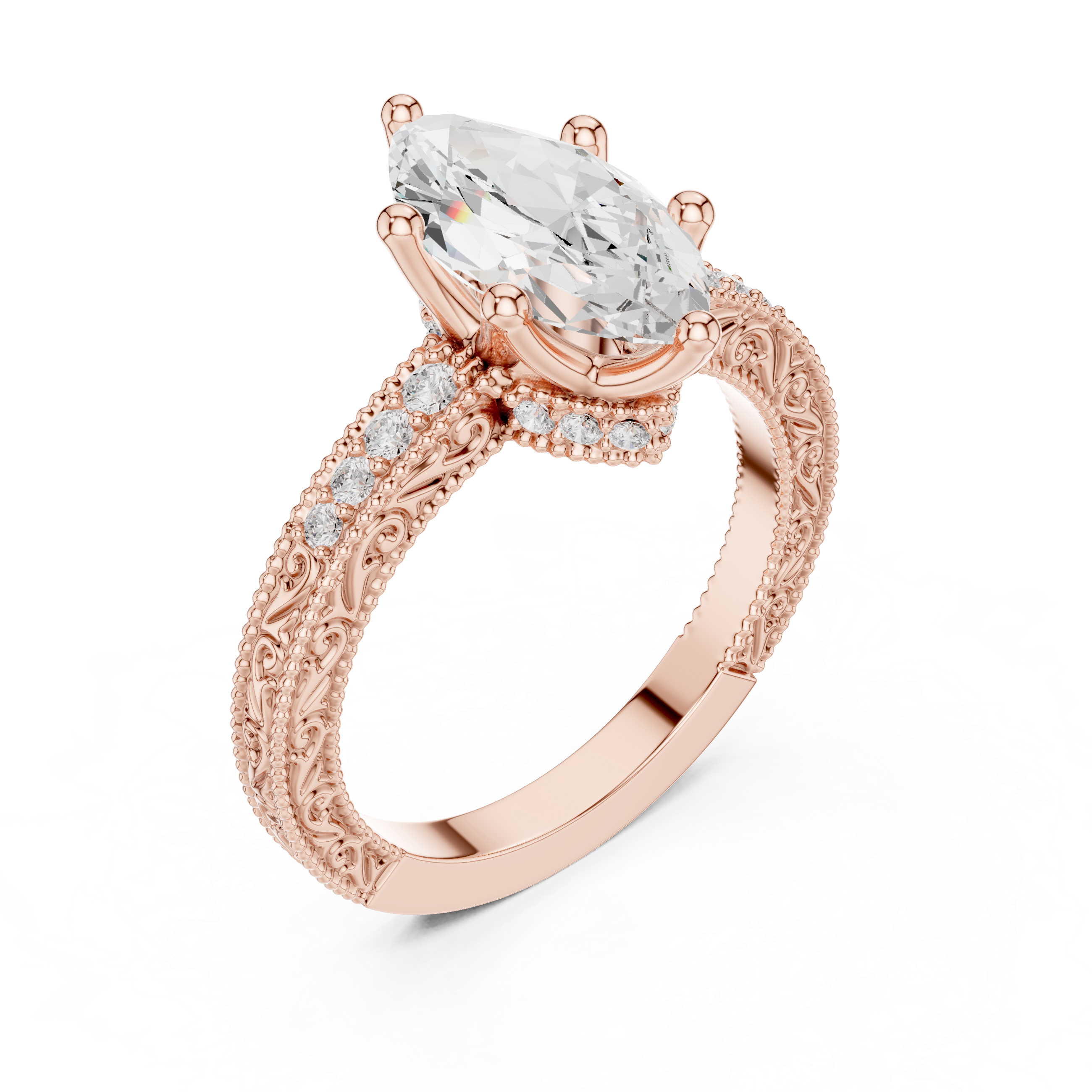 Vintage Marquise Cut Diamond Engagement Ring with Milgrain & Filigree Details