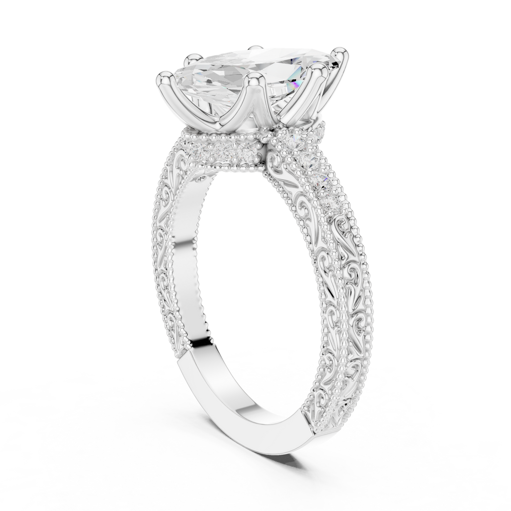 Vintage Marquise Cut Diamond Engagement Ring with Milgrain & Filigree Details