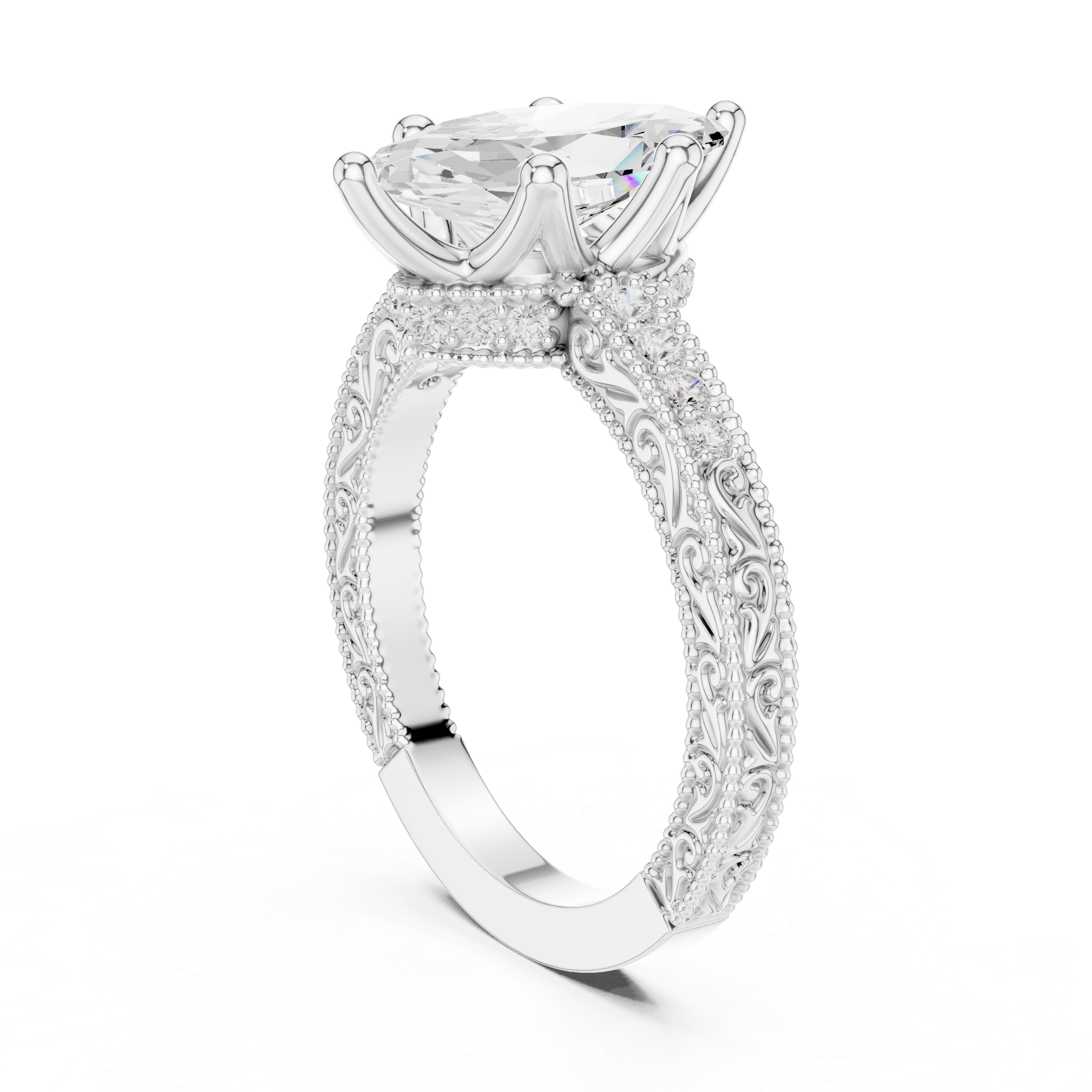Vintage Marquise Cut Diamond Engagement Ring with Milgrain & Filigree Details