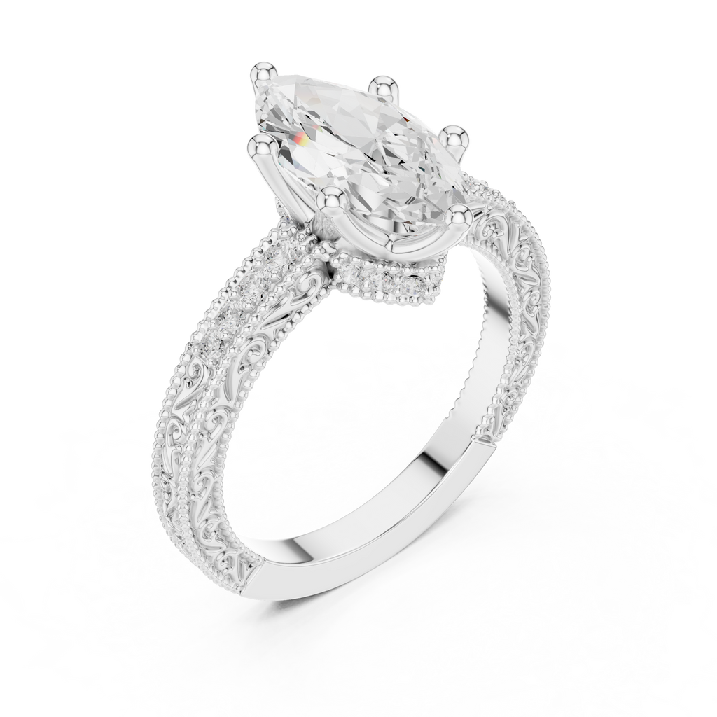 Vintage Marquise Cut Diamond Engagement Ring with Milgrain & Filigree Details