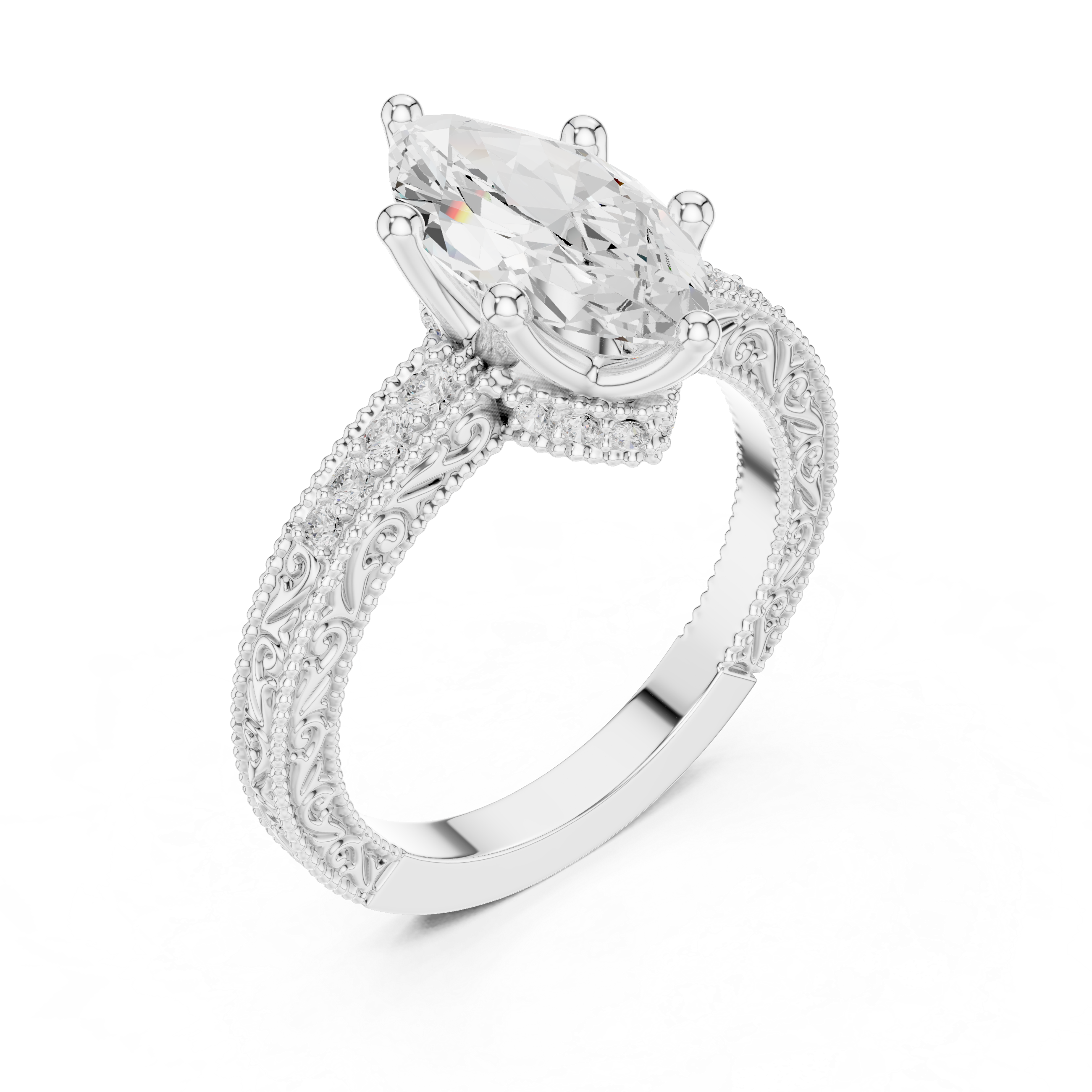 Vintage Marquise Cut Diamond Engagement Ring with Milgrain & Filigree Details