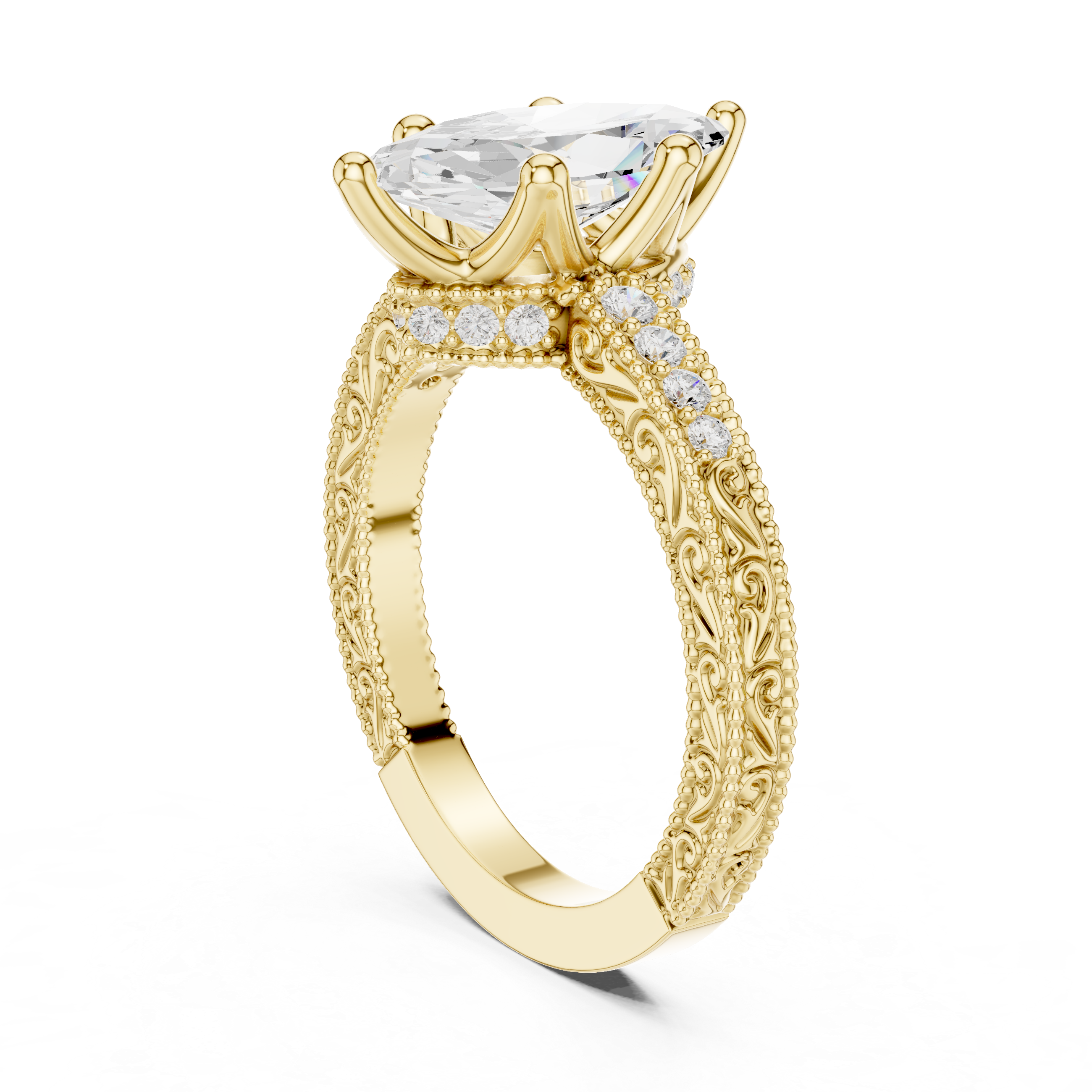 Vintage Marquise Cut Diamond Engagement Ring with Milgrain & Filigree Details