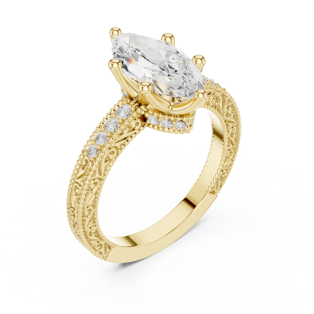 Vintage Marquise Cut Diamond Engagement Ring with Milgrain & Filigree Details