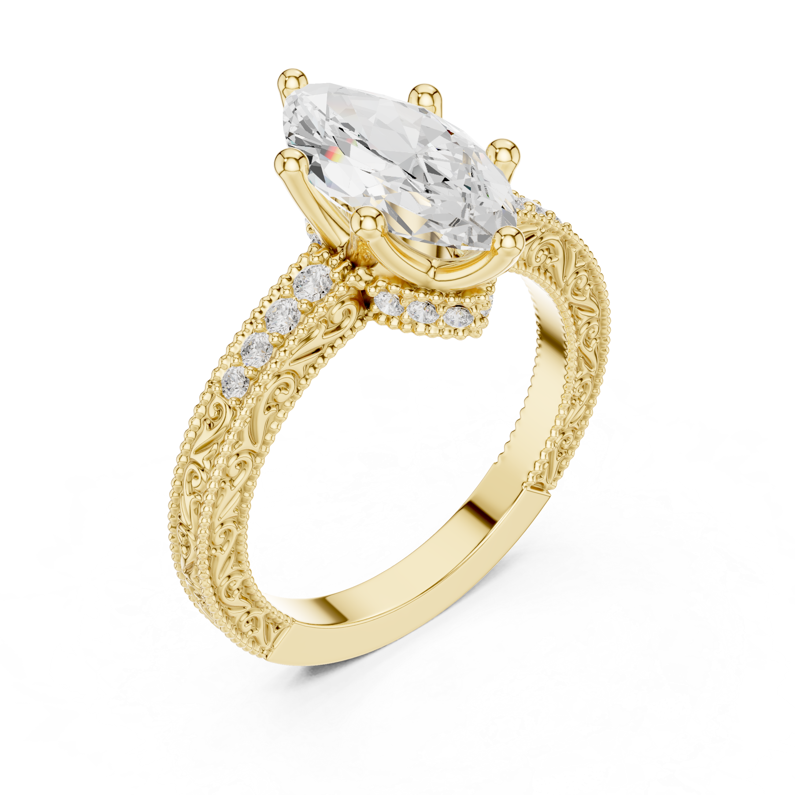 Vintage Marquise Cut Diamond Engagement Ring with Milgrain & Filigree Details