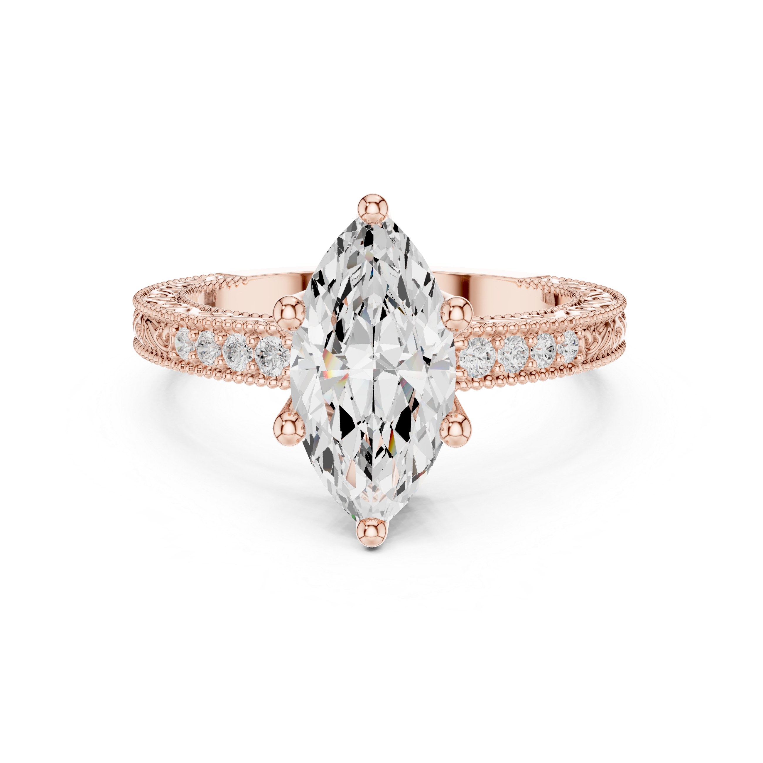 Vintage Marquise Cut Diamond Engagement Ring with Milgrain & Filigree Details
