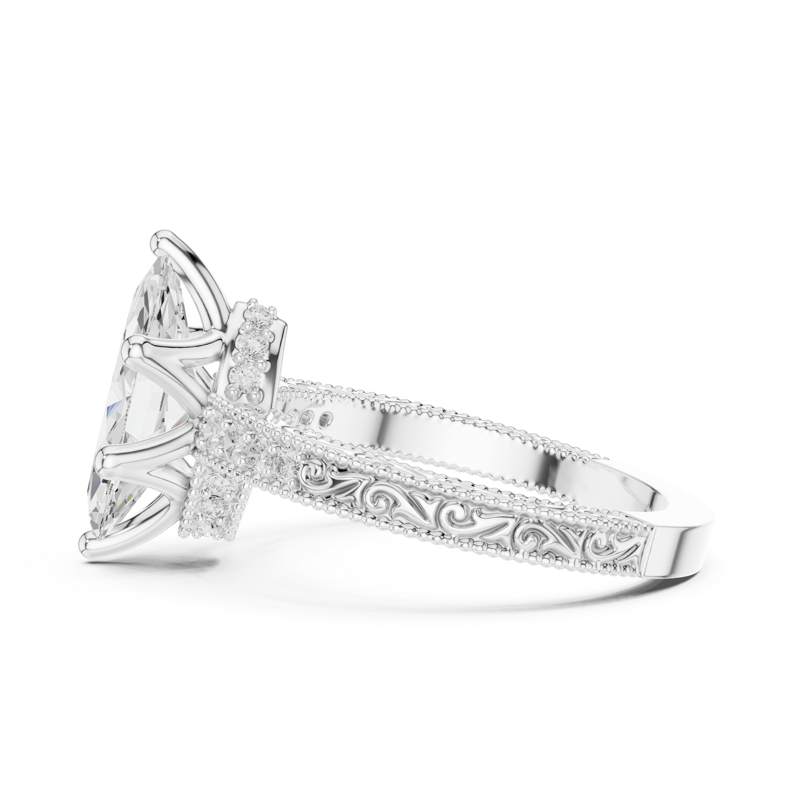 Vintage Marquise Cut Diamond Engagement Ring with Milgrain & Filigree Details