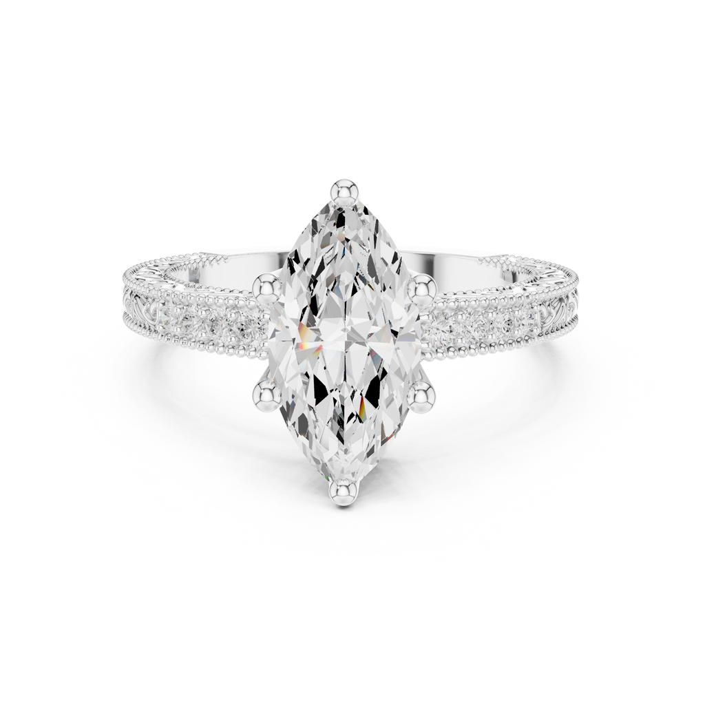 Vintage Marquise Cut Diamond Engagement Ring with Milgrain & Filigree Details