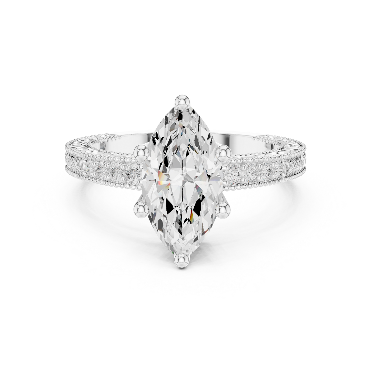 Vintage Marquise Cut Diamond Engagement Ring with Milgrain & Filigree Details — Jewelix Atelier