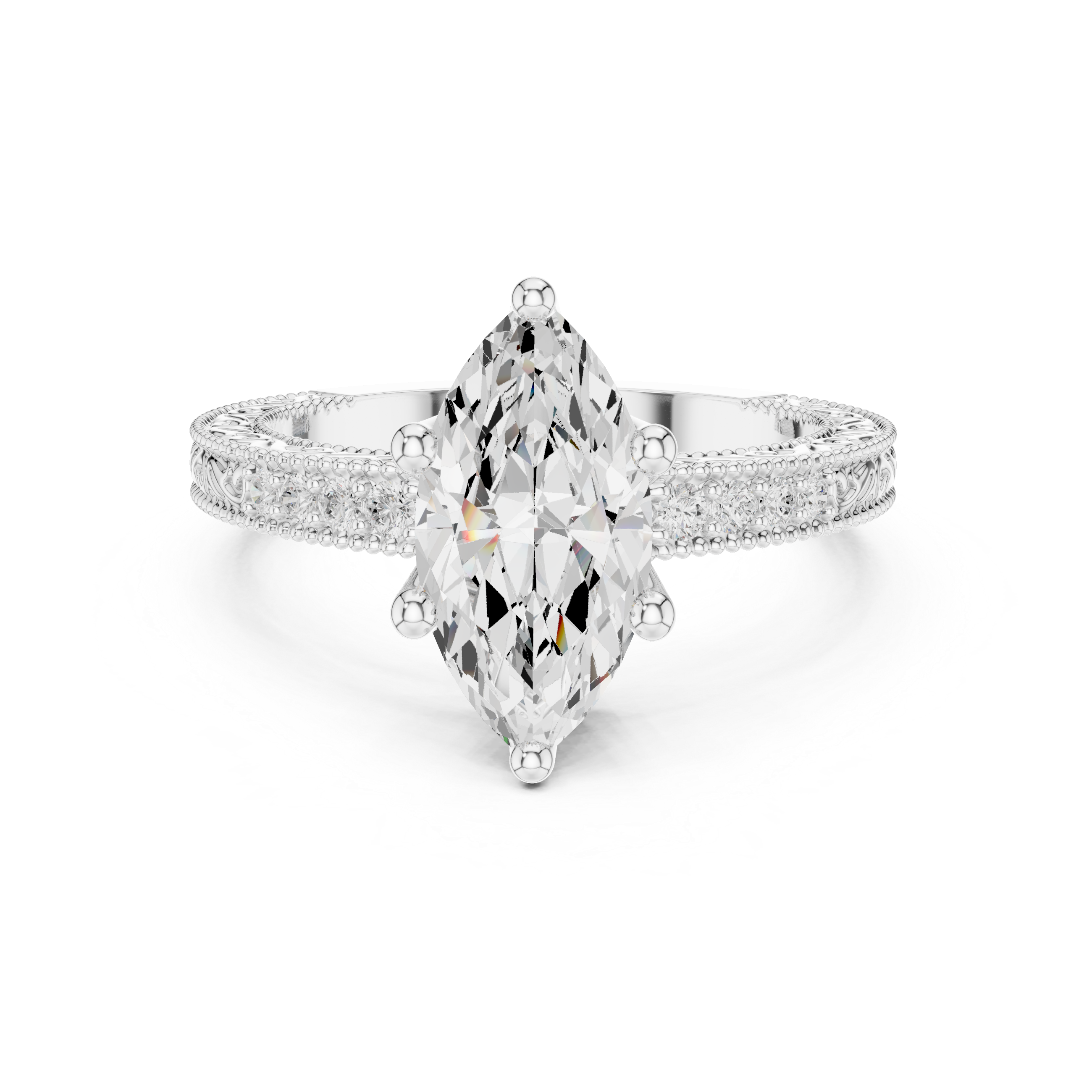 Vintage Marquise Cut Diamond Engagement Ring with Milgrain & Filigree Details