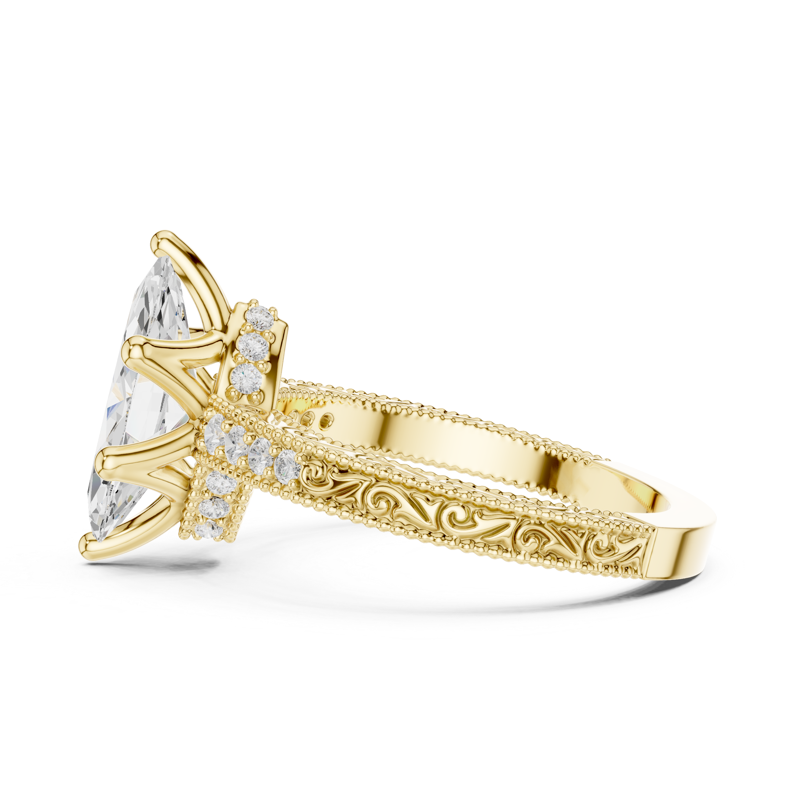 Vintage Marquise Cut Diamond Engagement Ring with Milgrain & Filigree Details
