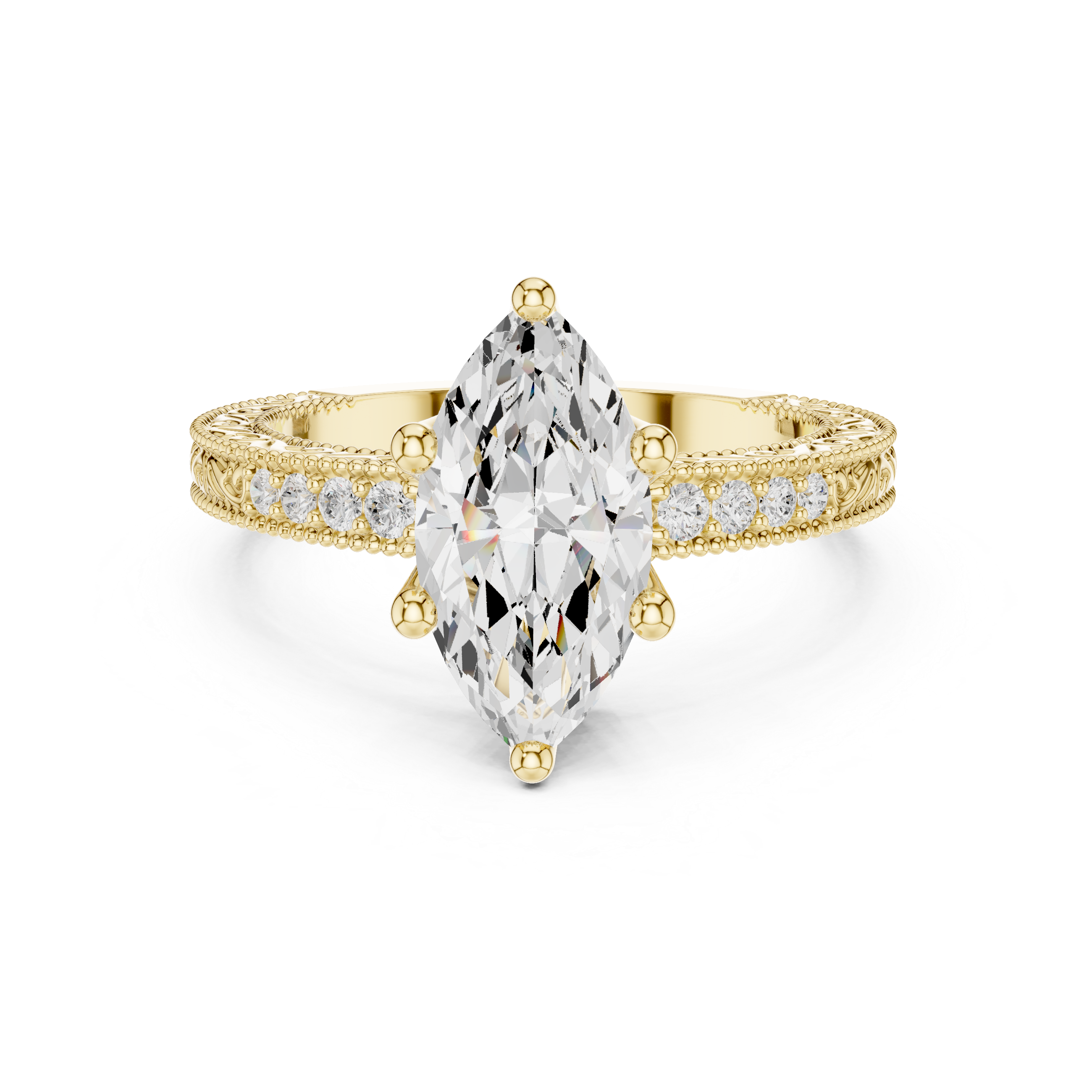 Vintage Marquise Cut Diamond Engagement Ring with Milgrain & Filigree Details