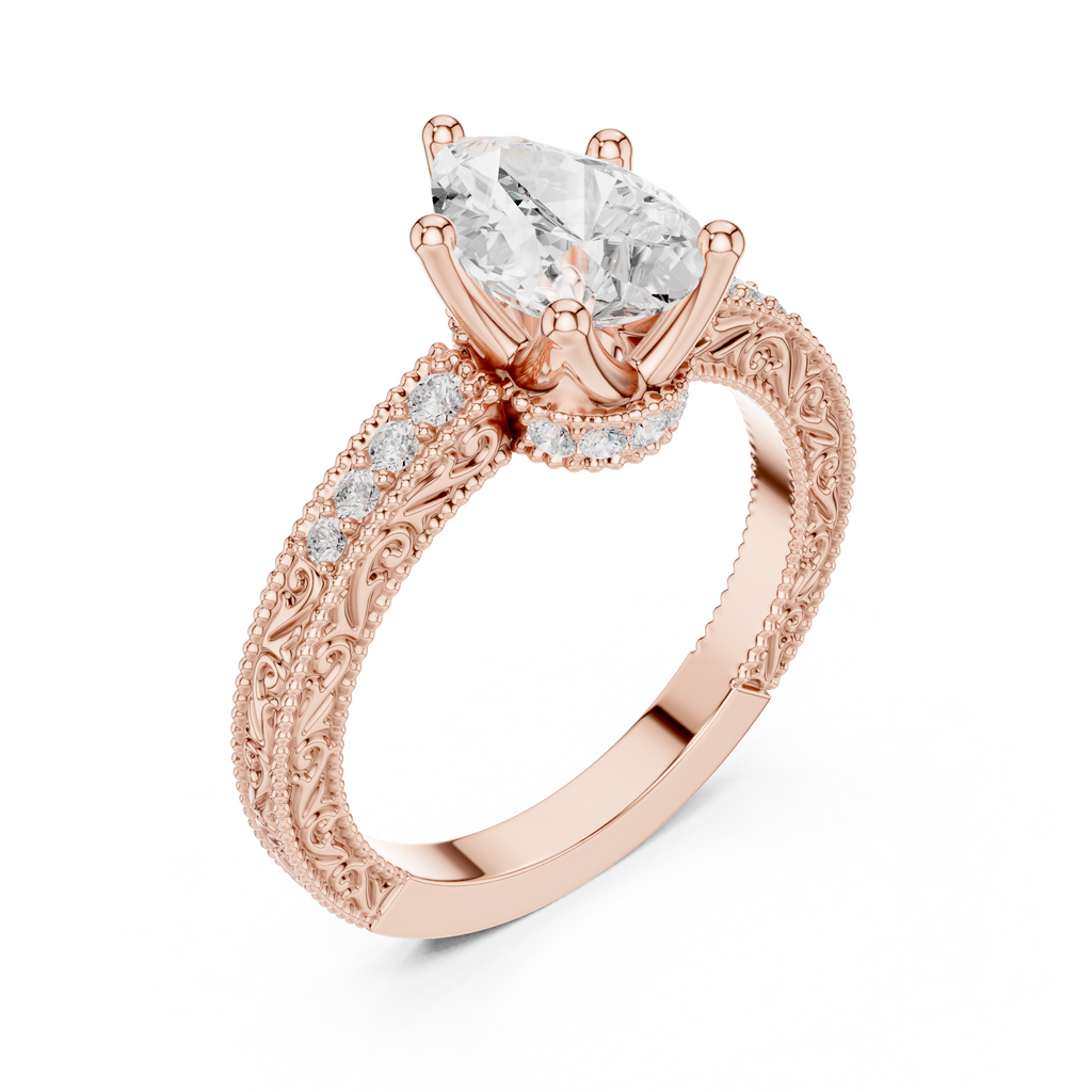 Vintage Pear Cut Diamond Engagement Ring with Filigree Milgrain Band