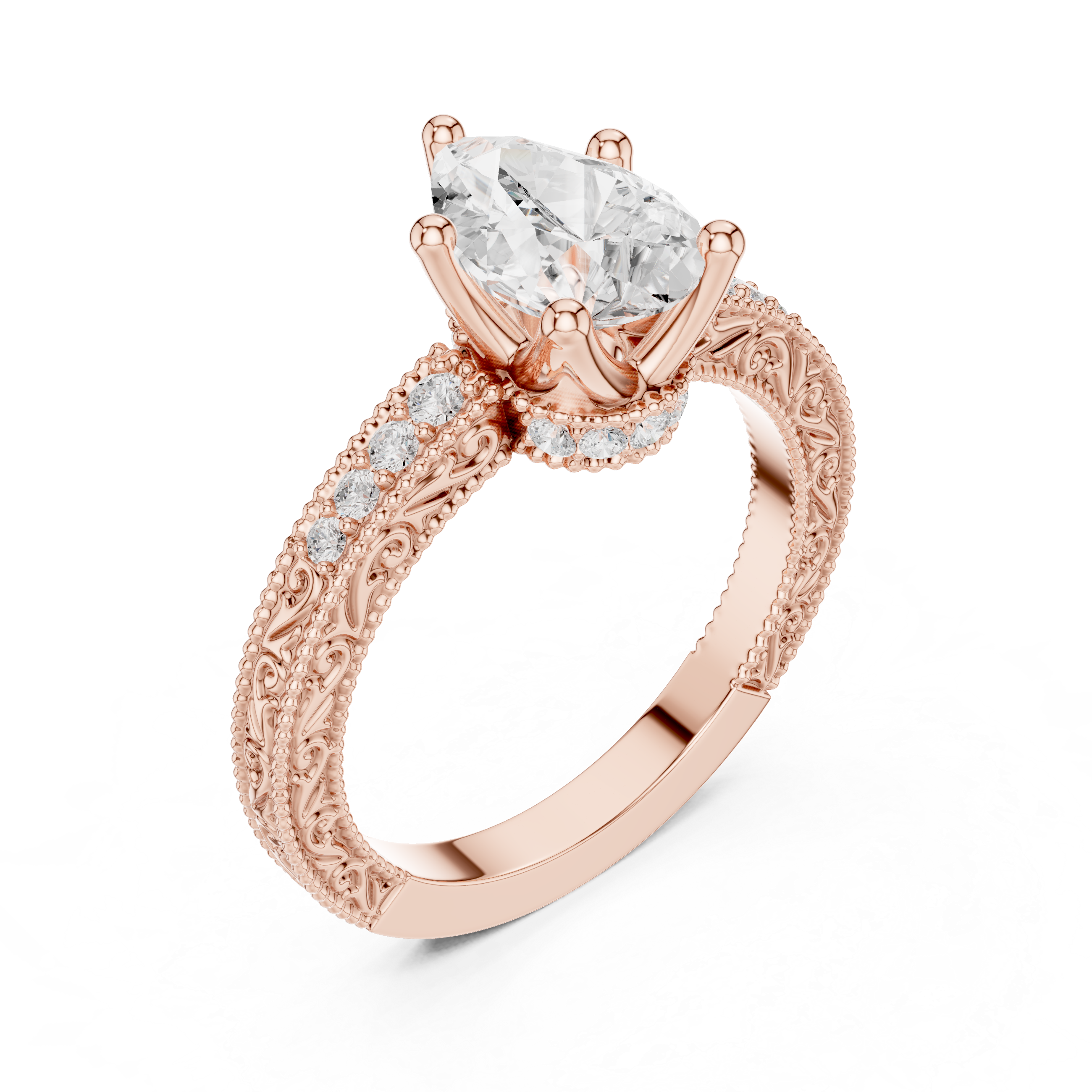 Vintage Pear Cut Diamond Engagement Ring with Filigree Milgrain Band