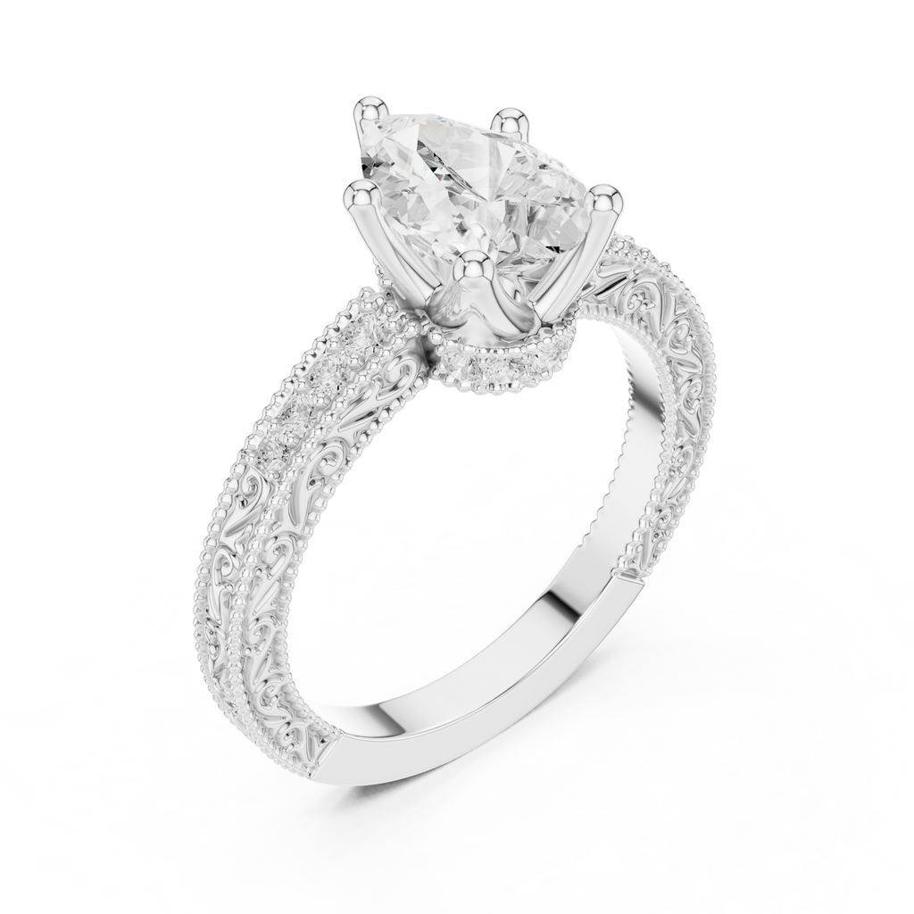 Vintage Pear Cut Diamond Engagement Ring with Filigree Milgrain Band