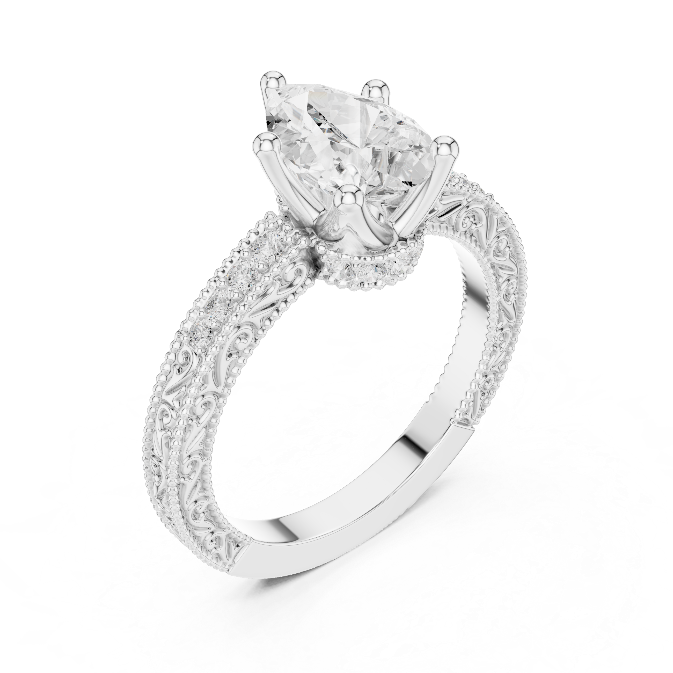 Vintage Pear Cut Diamond Engagement Ring with Filigree Milgrain Band