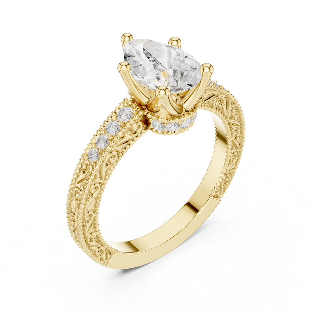 Vintage Pear Cut Diamond Engagement Ring with Filigree Milgrain Band