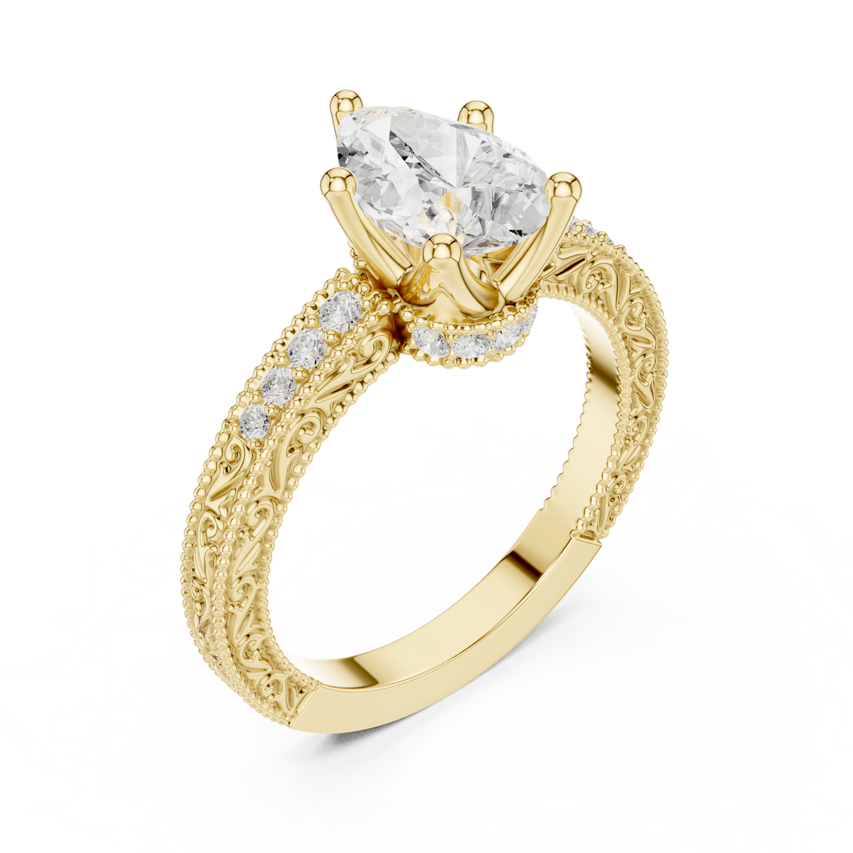 Vintage Pear Cut Diamond Engagement Ring with Filigree Milgrain – view 11 of 12, lab grown diamond band | Jewelix Atelier