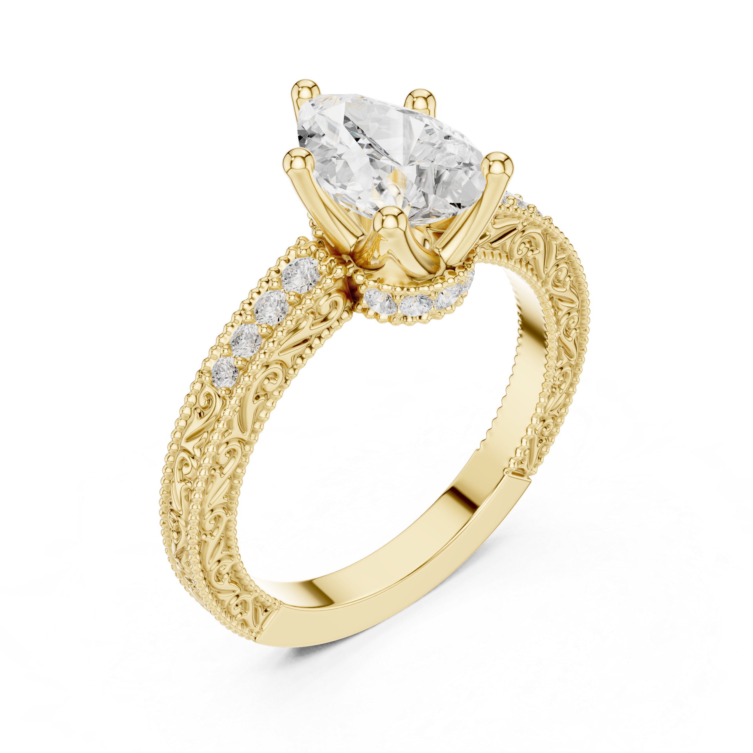 Vintage Pear Cut Diamond Engagement Ring with Filigree Milgrain Band