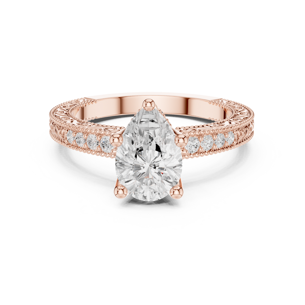 Vintage Pear Cut Diamond Engagement Ring with Filigree Milgrain Band