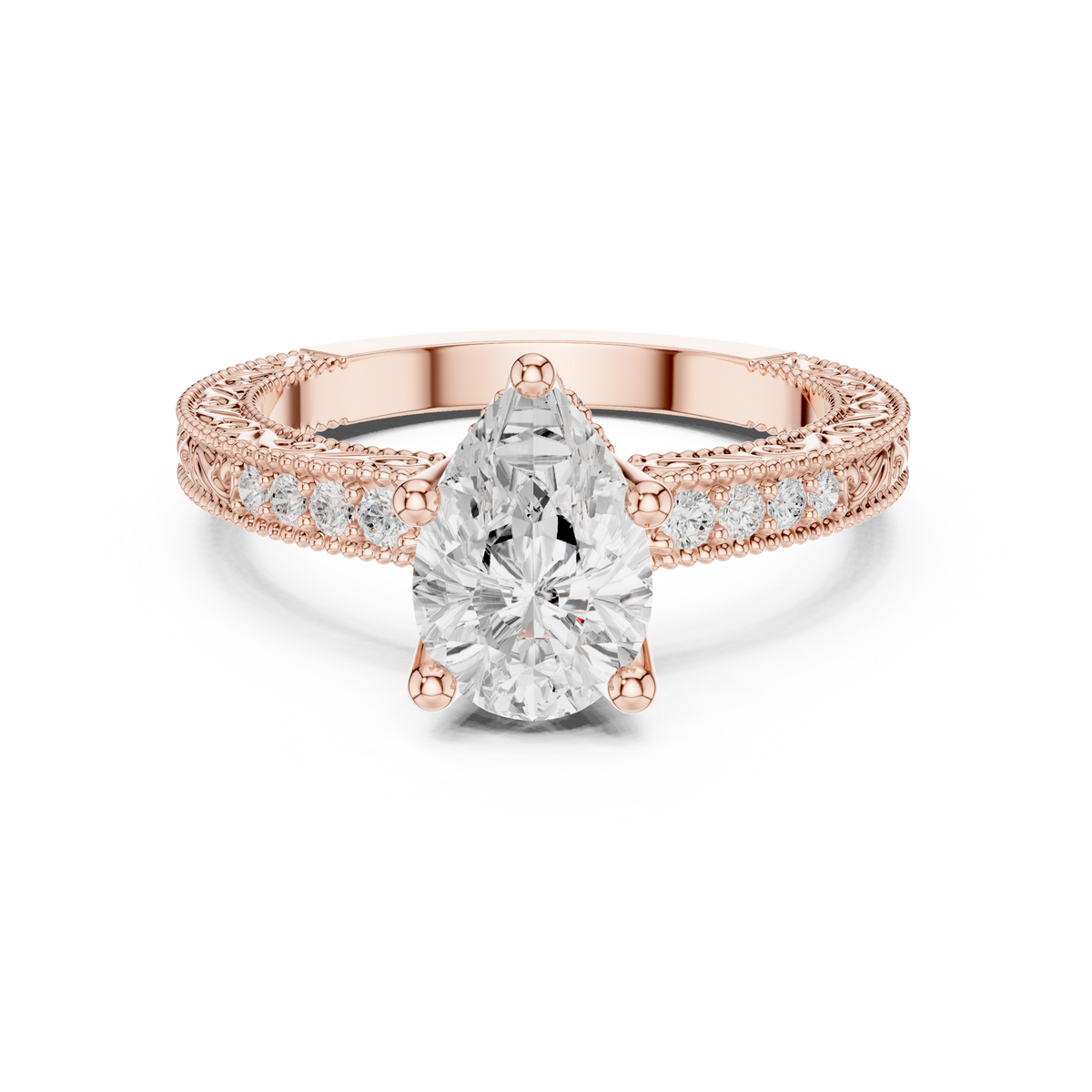 Vintage Pear Cut Diamond Engagement Ring with Filigree Milgrain Band – view 5 of 12, lab grown diamond band | Jewelix Atelier
