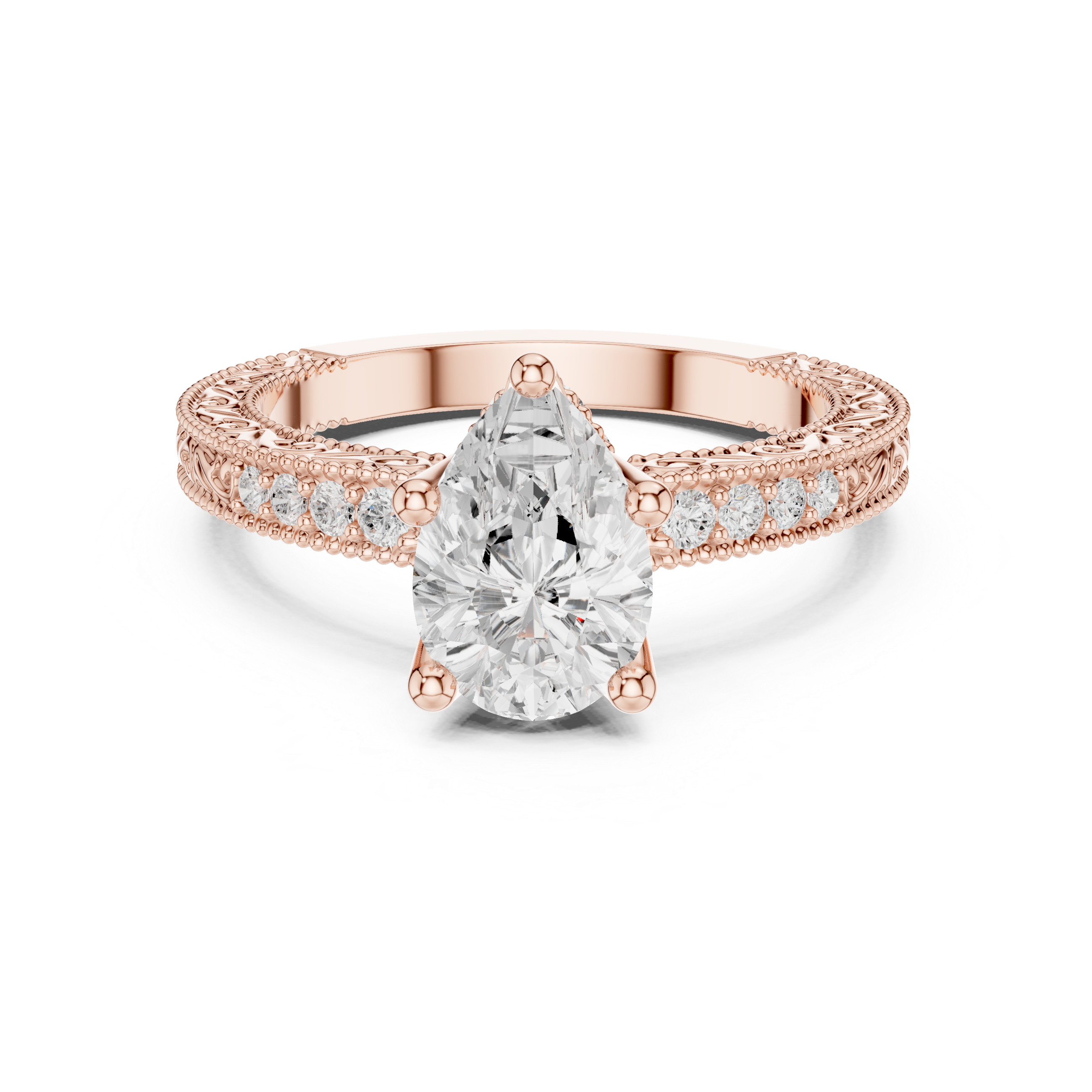 Vintage Pear Cut Diamond Engagement Ring with Filigree Milgrain Band