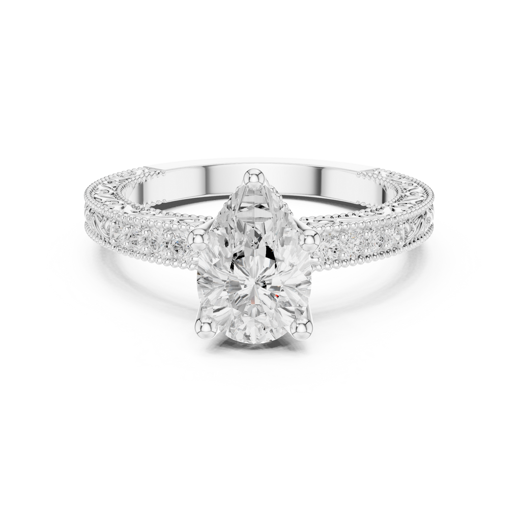 Vintage Pear Cut Diamond Engagement Ring with Filigree Milgrain Band