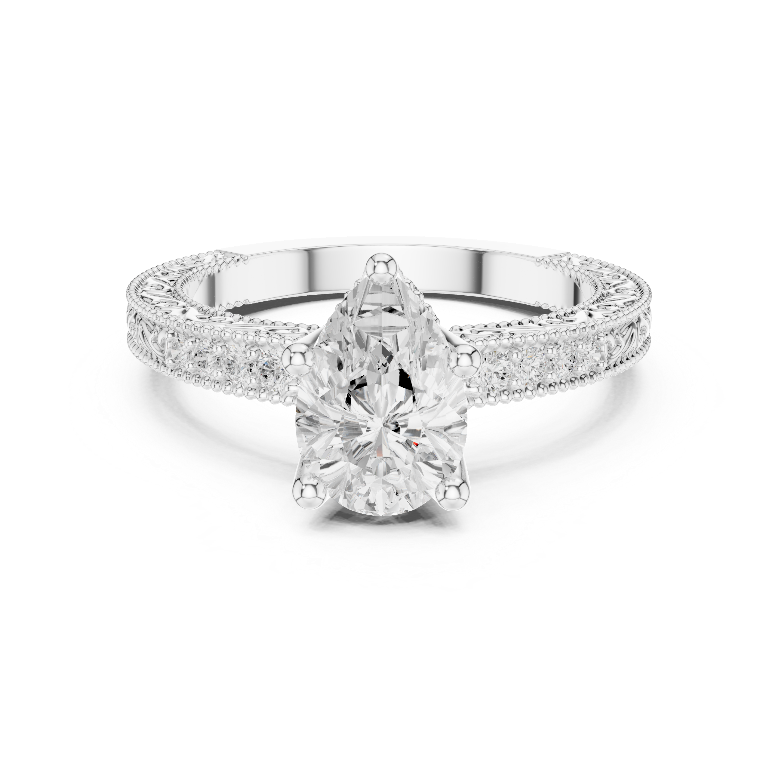 Vintage Pear Cut Diamond Engagement Ring with Filigree Milgrain Band