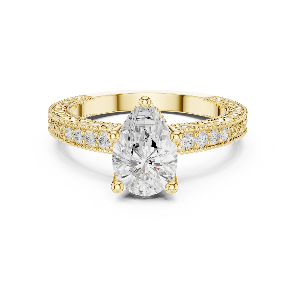 Vintage Pear Cut Diamond Engagement Ring with Filigree Milgrain Band