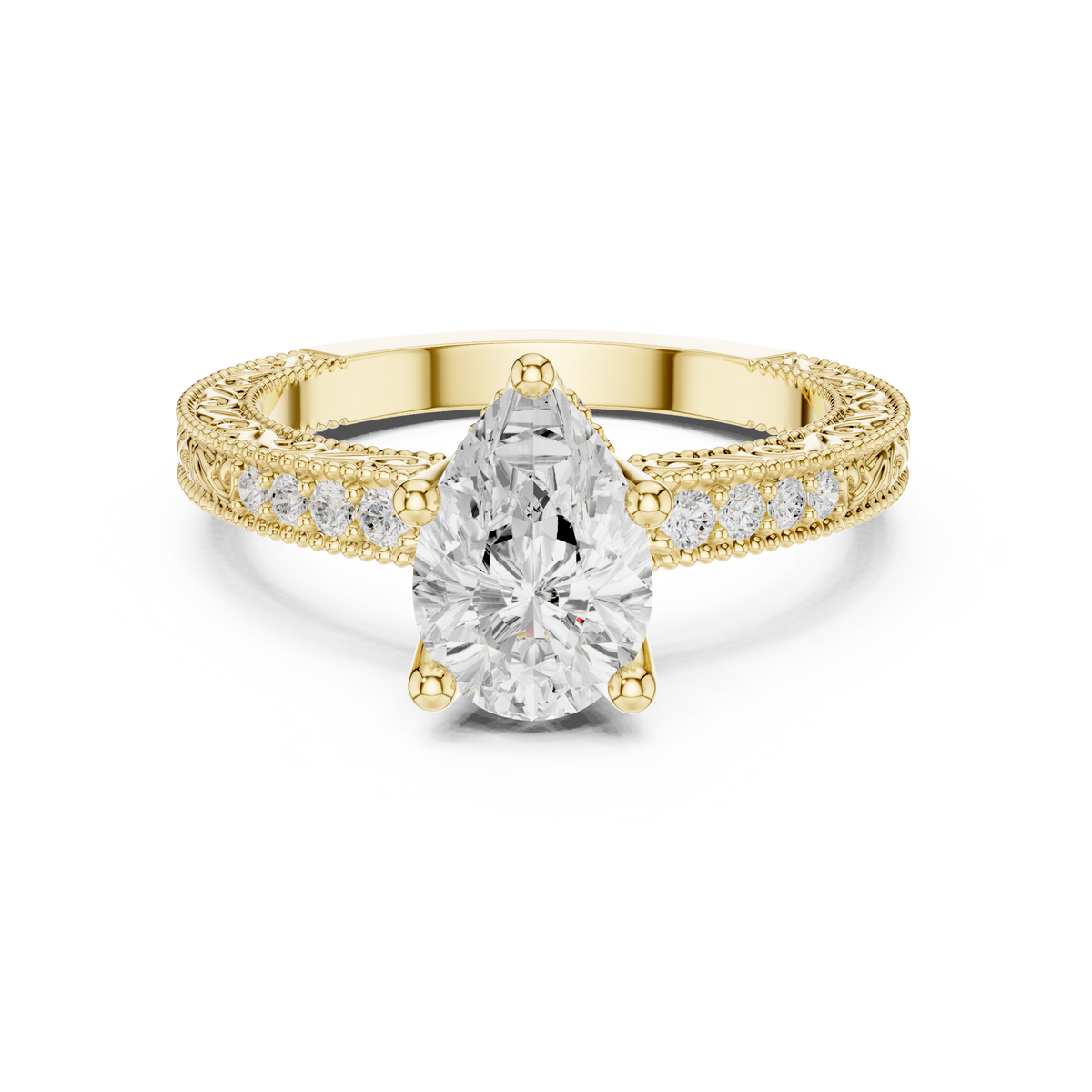 Vintage Pear Cut Diamond Engagement Ring with Filigree Milgrain Band – view 9 of 12, lab grown diamond band | Jewelix Atelier