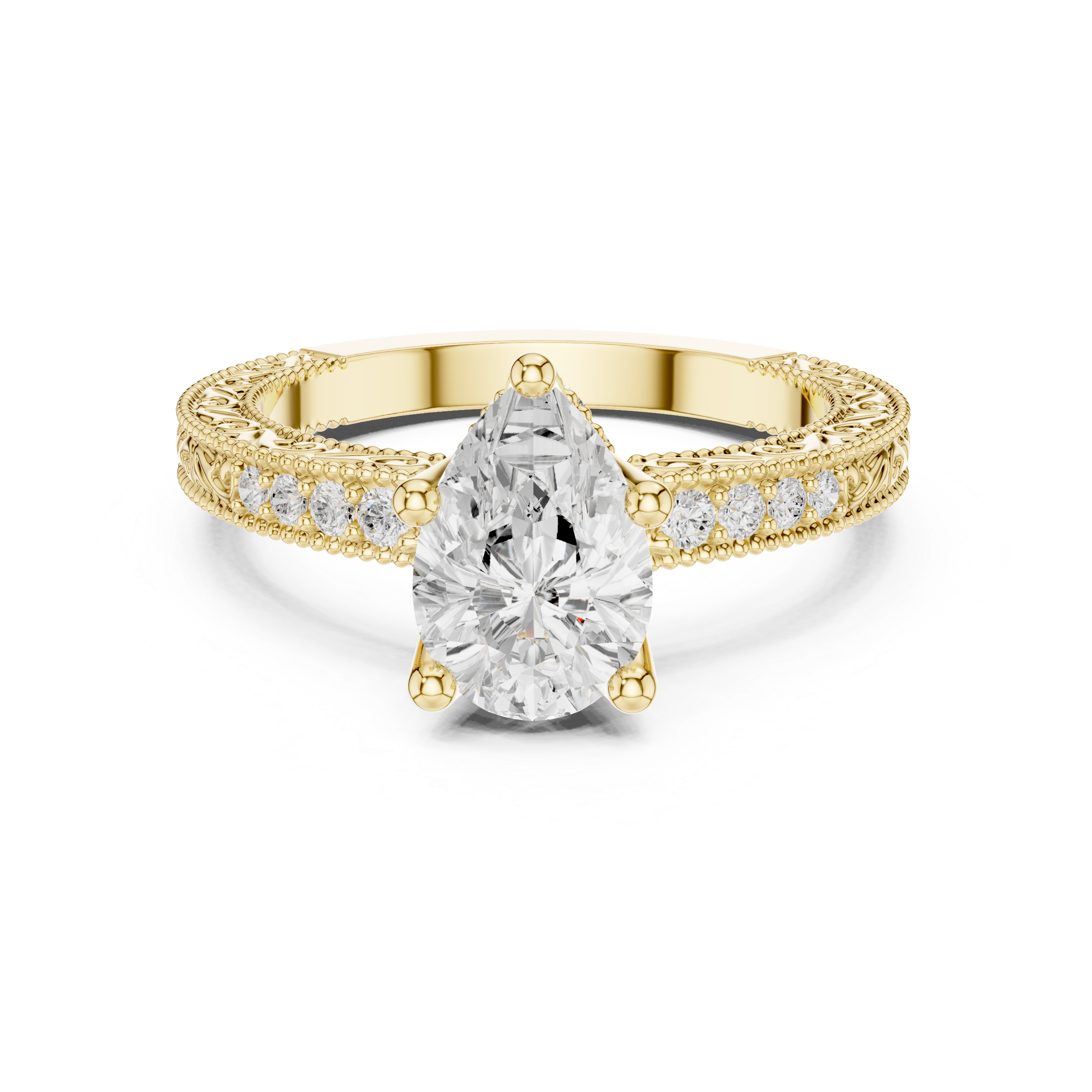 Vintage Pear Cut Diamond Engagement Ring with Filigree Milgrain Band