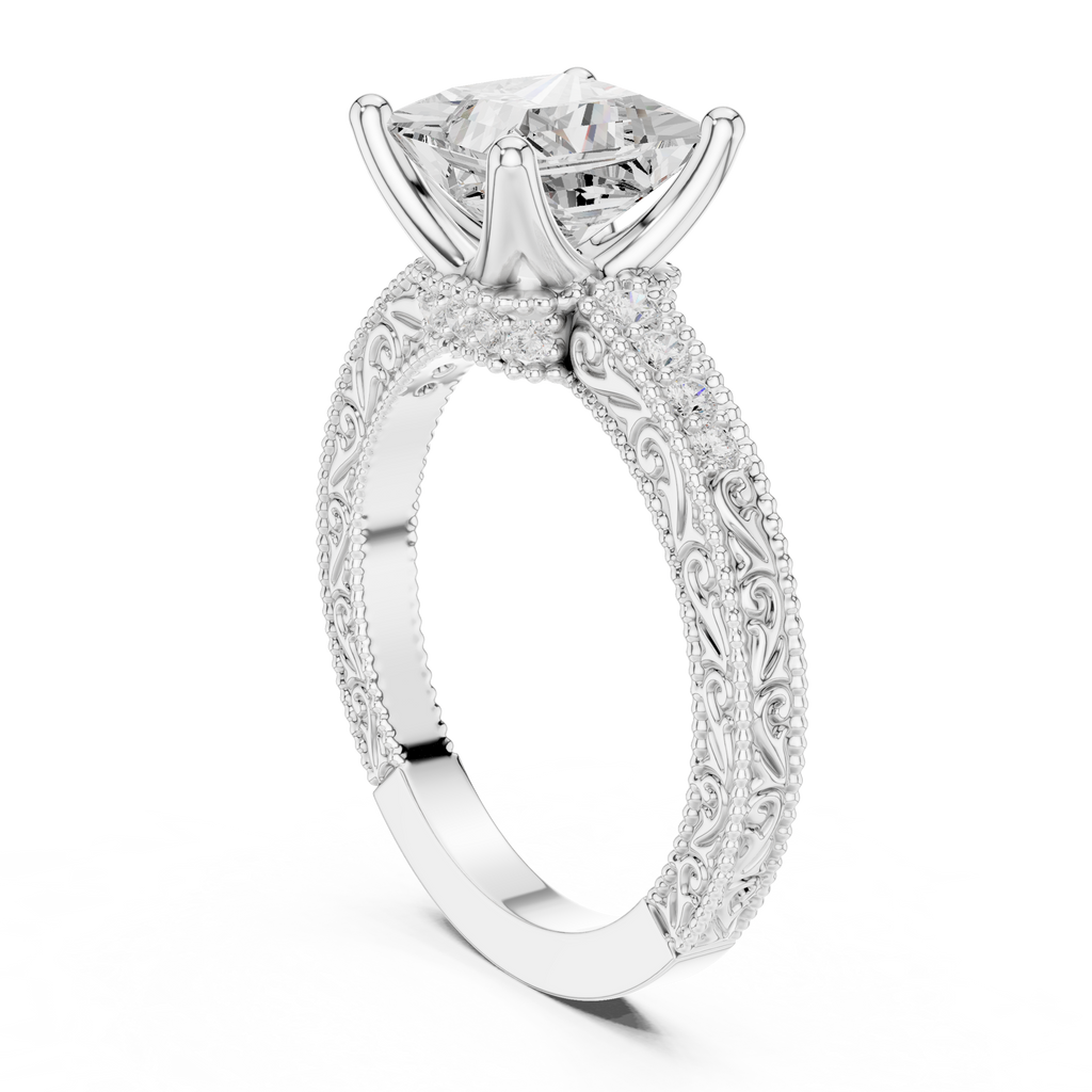 Vintage Princess Cut Diamond Engagement Ring with Filigree Milgrain Setting